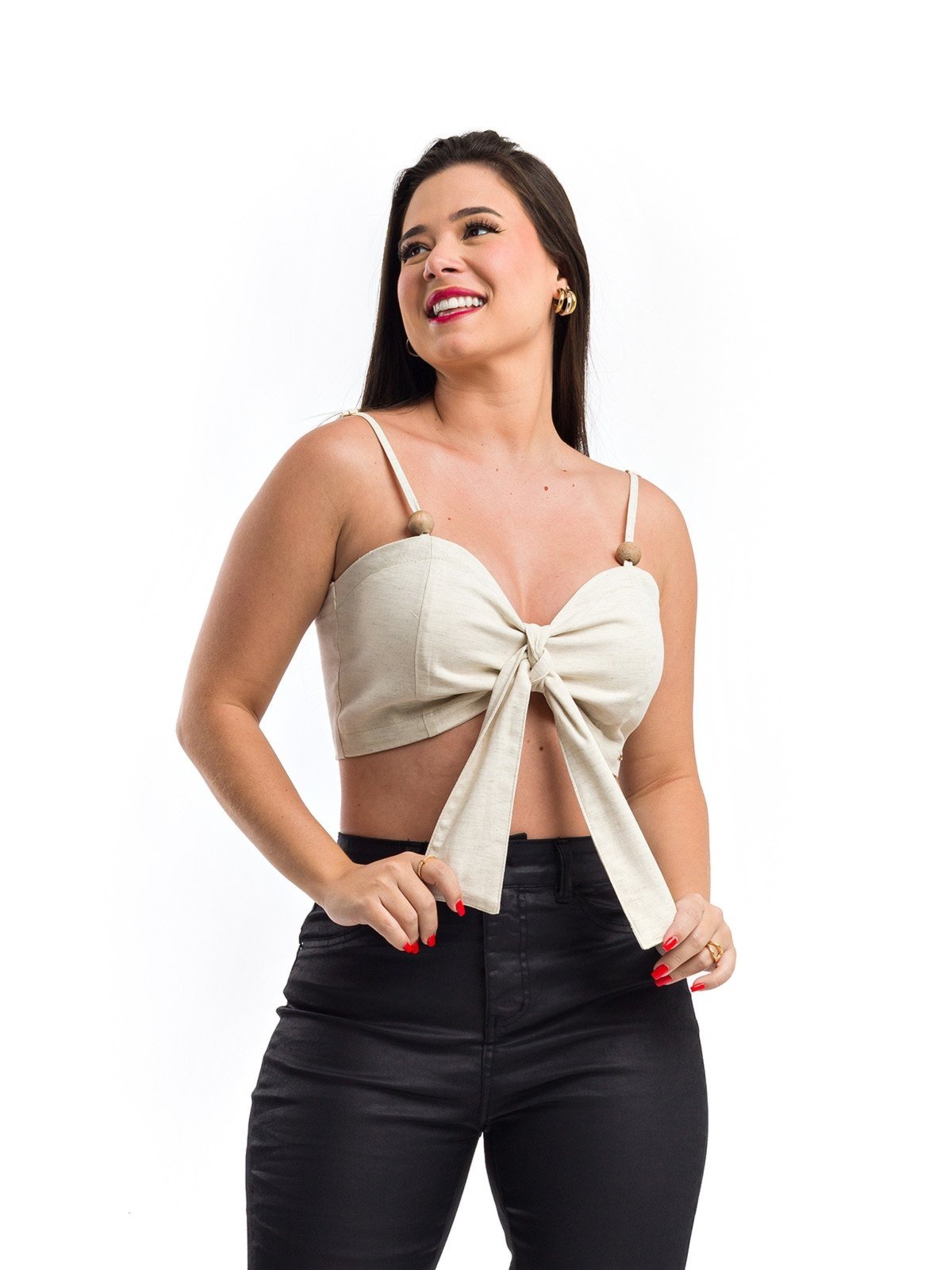 Cropped Restrito Jeans De Linho 2 em 1 com Zíper – Bege