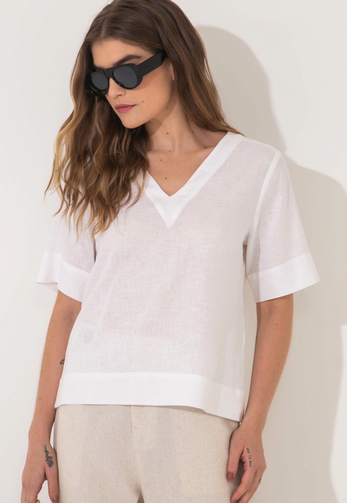 Blusa Linho Traymon Decote V Branco