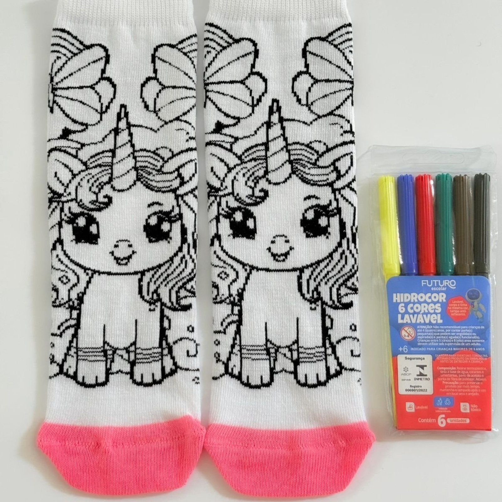 Vista 3 Meia Duck Goods Personalizável Com Canetinhas Para Colorir Unicornio Angipé rosa