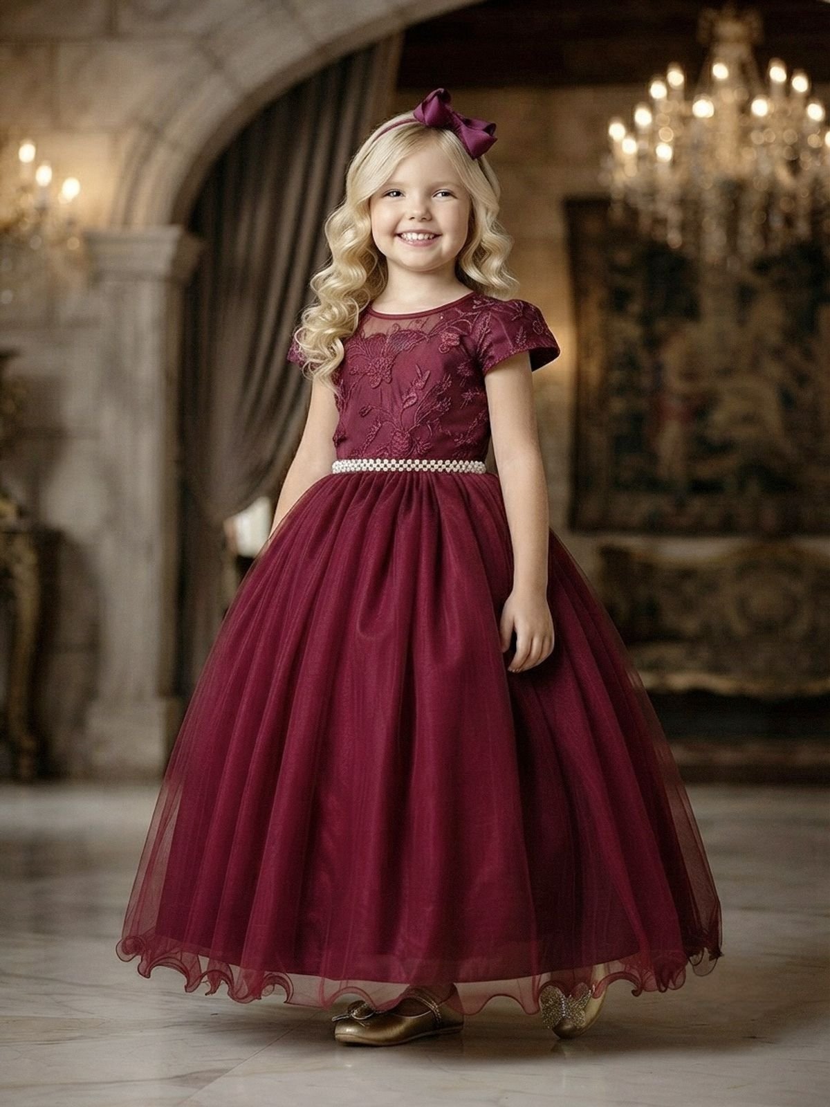 Infantil - Vestido Festa Longo Marsala Bordô Vinho Formatura Florista Pérolas Renda Casamento Brilho Social Menina Juvenil Dama Daminha Princesa Rodado Aniversário Luxo