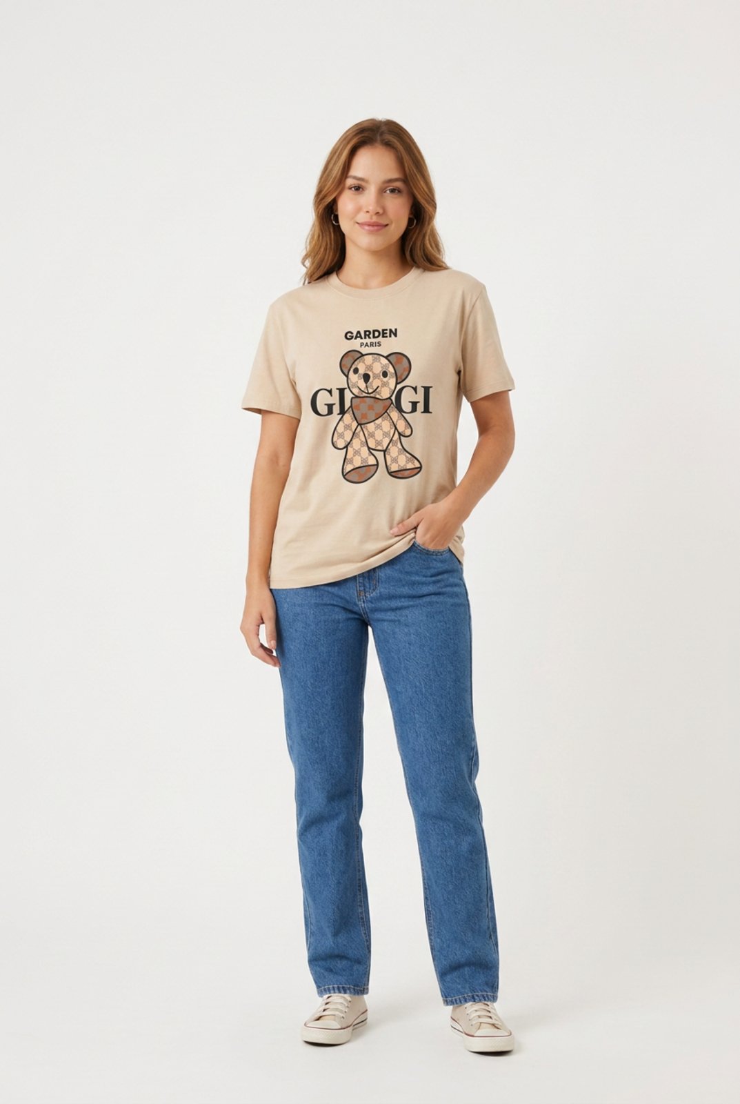 T-shirt Feminina D Bell Outlet Ursinho Bege