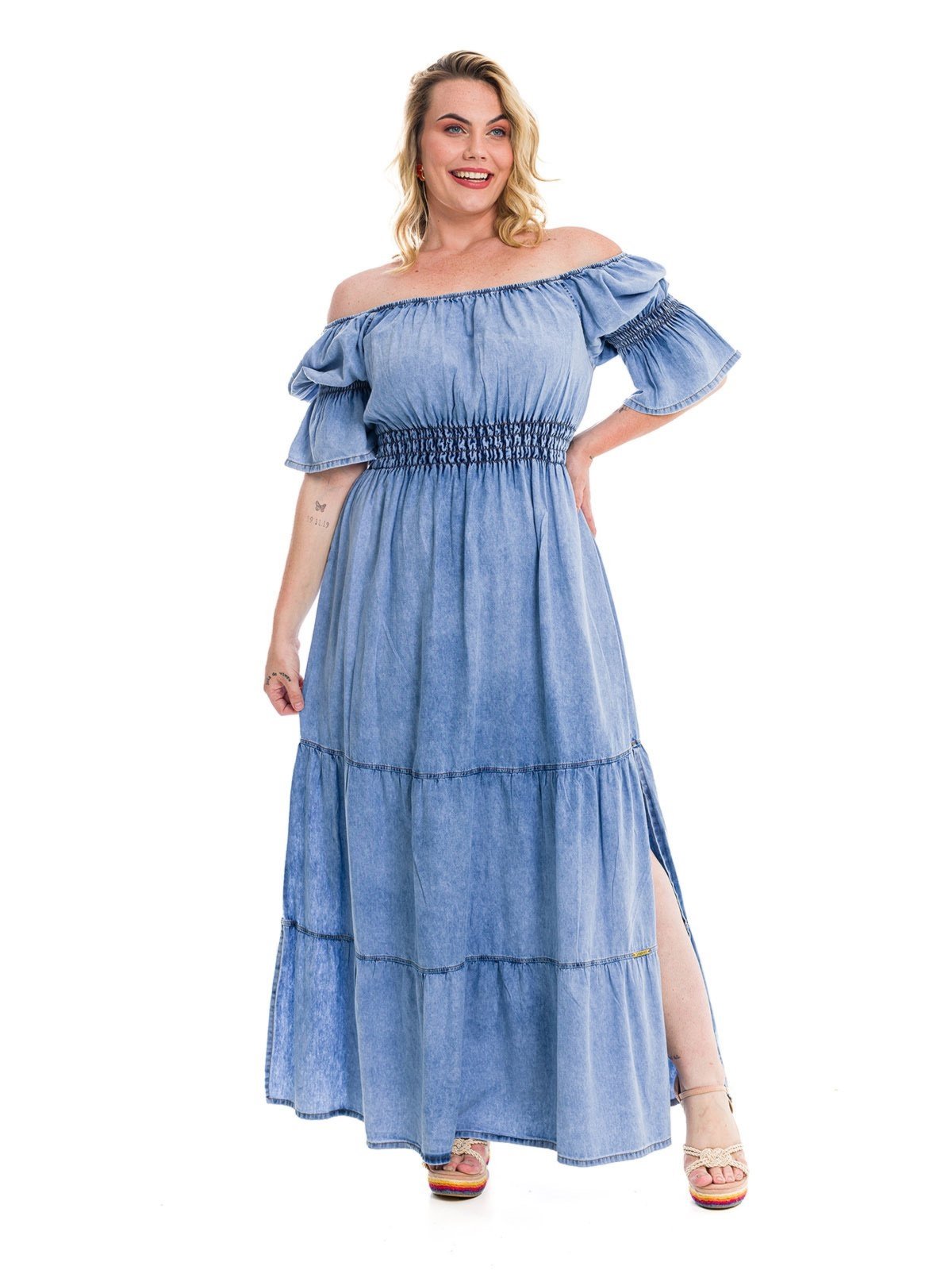 Vestido Longo Restrito Jeans Ciganinha Com Lastex e Fenda – AZUL MÉDIO