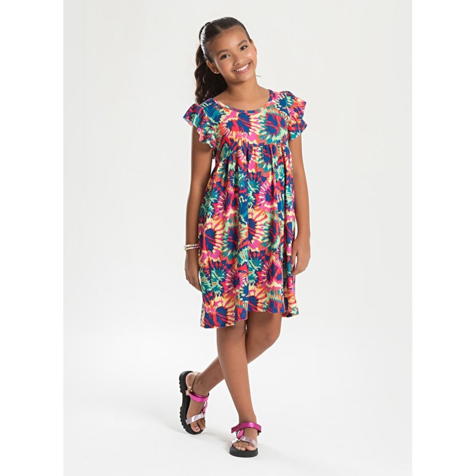 Vista 2 Infantil - Vestido Verão Menina com Manga Babado Corações tie-dye Molekada laranja Molekada laranja
