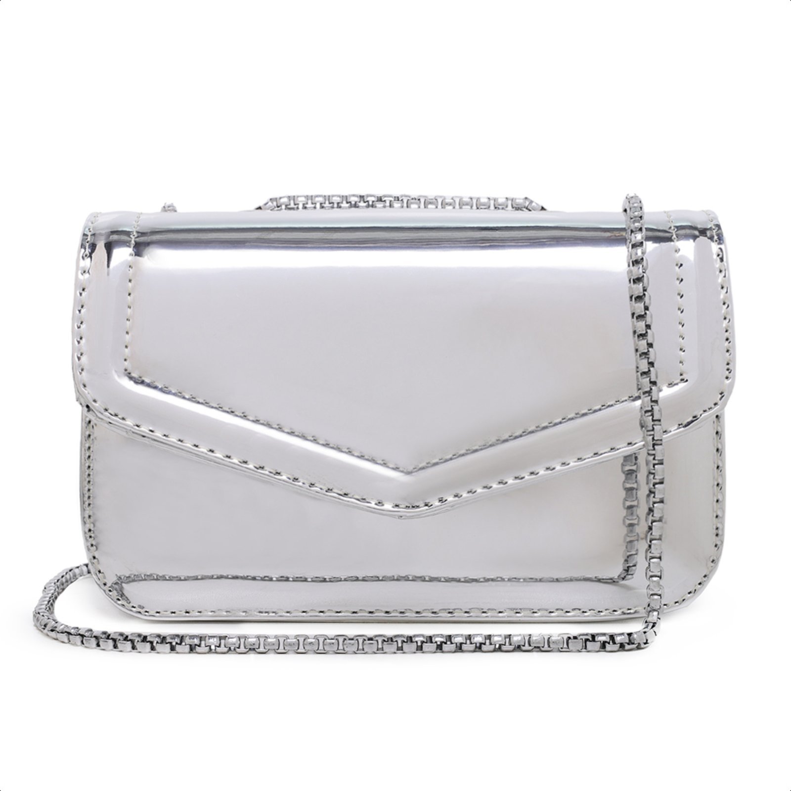 Bolsa Feminina Pequena Clutch Prata Espelhado Alça Corrente Carmelo Shoes Festa Balada Casamento