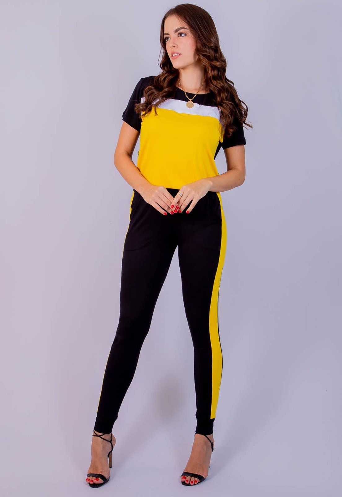 Conjunto Calça e Blusa Maria Paes Amarelo, Preto e Branco