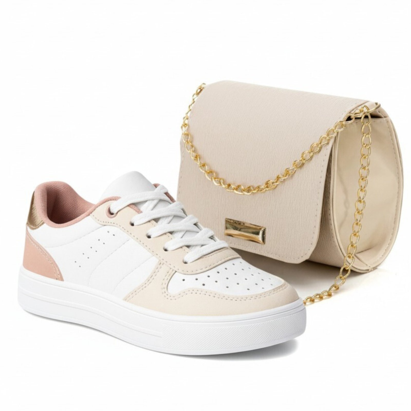Tênis Sneakers Branco Feminino Retrô Conforto Diário com Bolsa Off-White Moda Atemporal