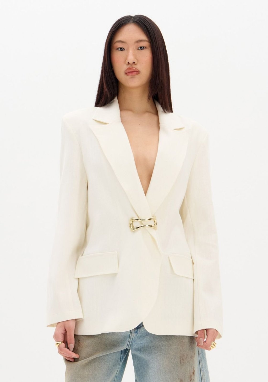 Vista 2 Blazer Regular Alongado Com Linho My Favorite Things branco My Favorite Things branco