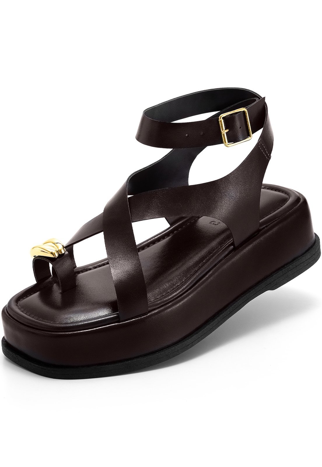 Sandália Feminina Lumiss Flatform Confortável Enfeite Metalizado Tiras Marrom