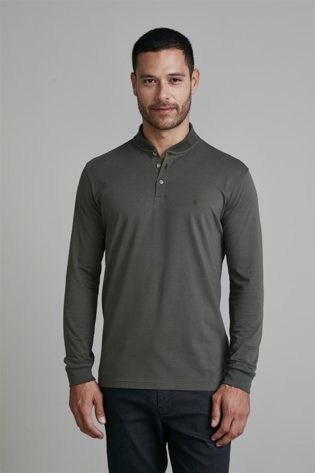 HIGHSTIL Camisa Polo Manga Longa Malha Slim Fit – Verde Escuro