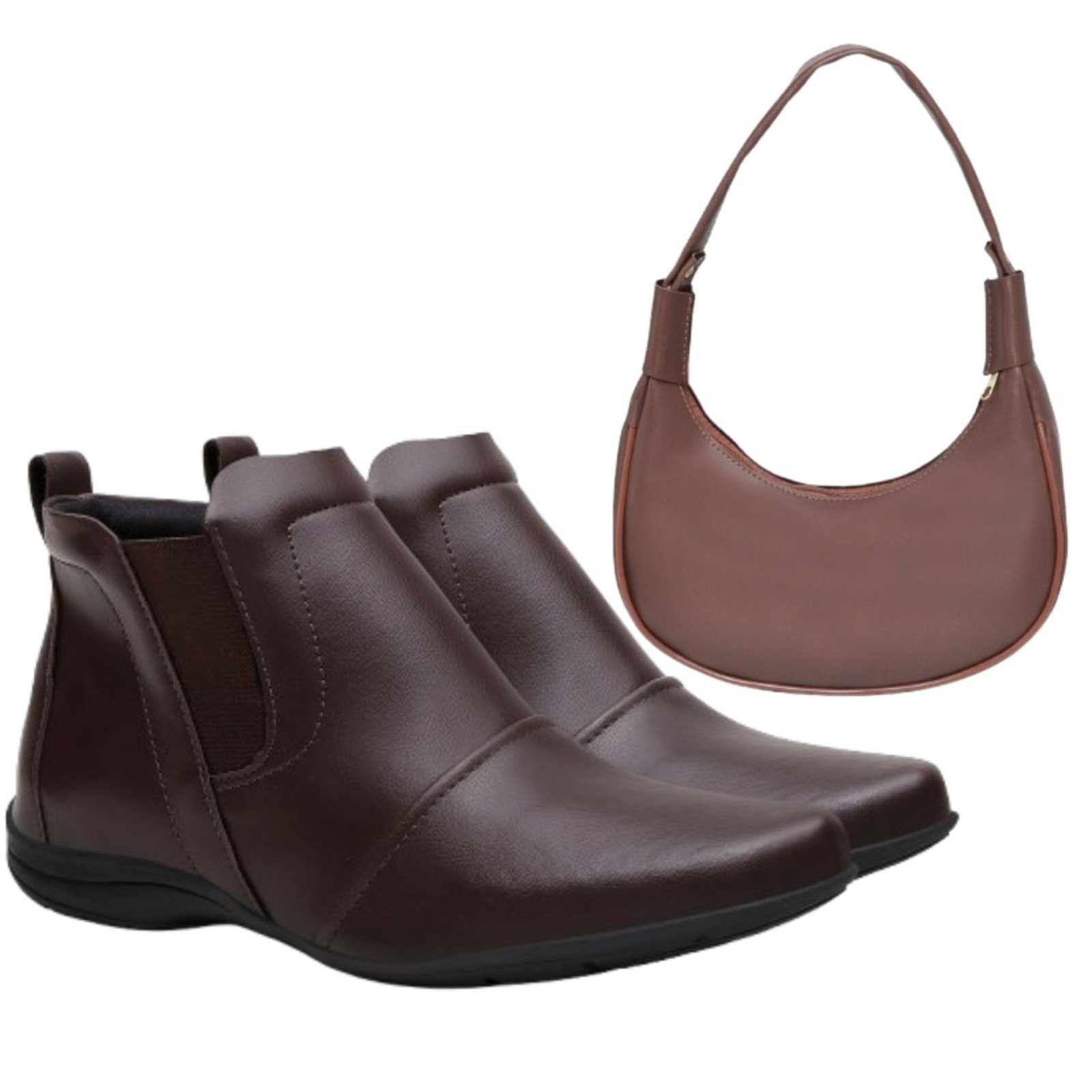 Kit Bota Feminina Cano Baixo Anna Andrade Botinha Rasteira Casual Elástico Bolsa Ombro Café