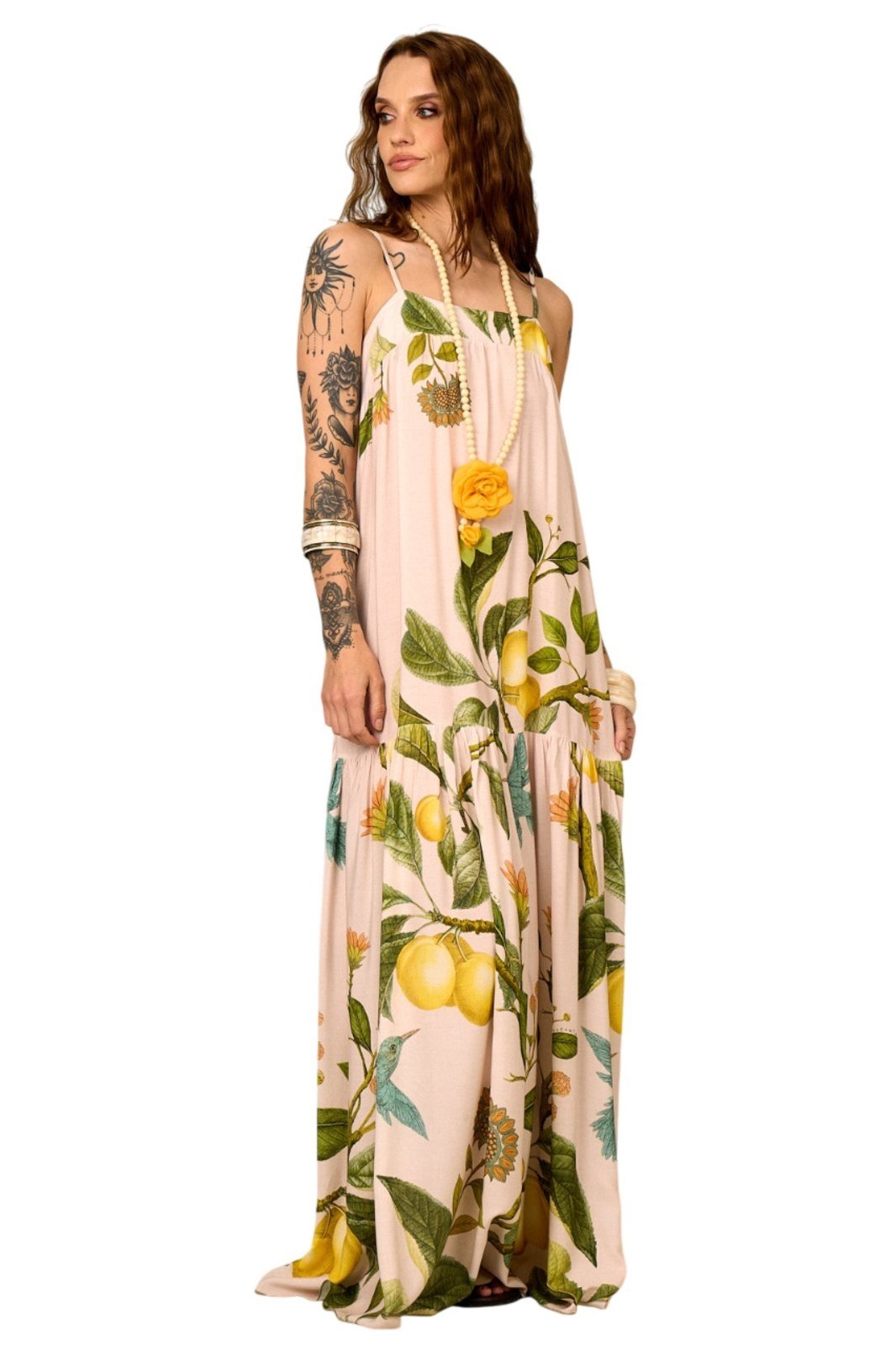 Vestido Longo De Alças Reguláveis Bege Estampado Yacamim E2 – Estampado