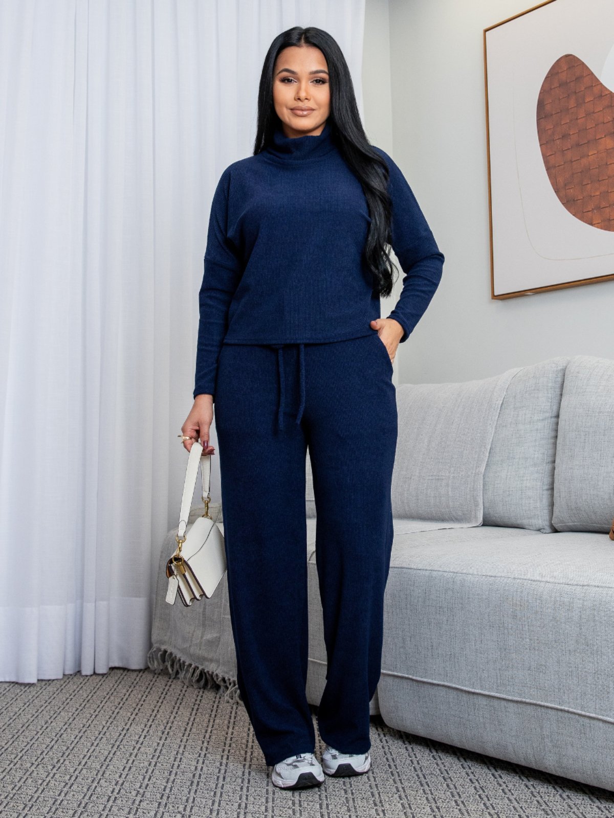 Conjunto Feminino Malha Cotelê Comfy Premium Inverno Azul Marinho
