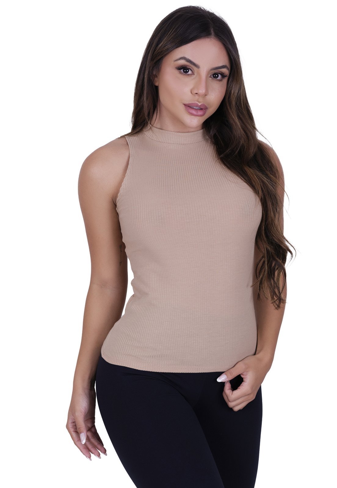 Blusa Feminina Regata Verão Canelada Bege St Madame