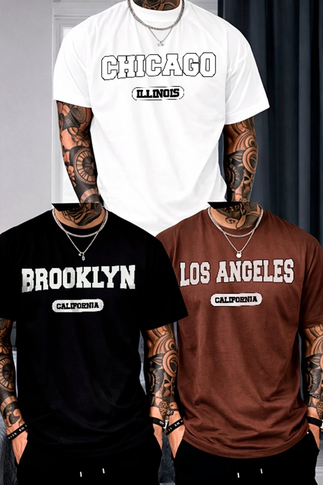Kit 3 Camisetas Oversized Chicago Brooklyn Los Angeles Streetwear Clássico