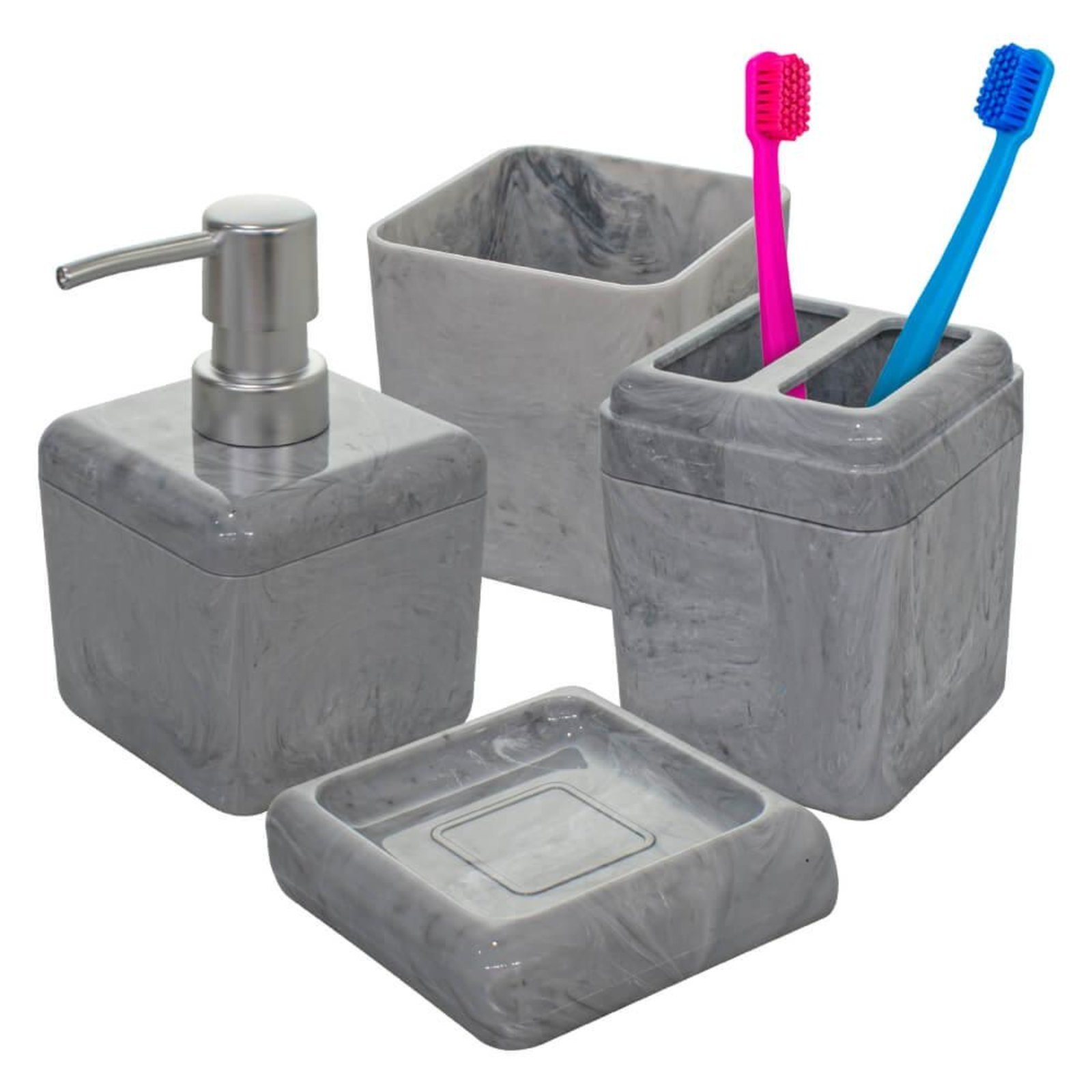 Acessórios para Banheiro Lavabo 3 peças Cube Marmorizado Cinza - Coza 99357/2480