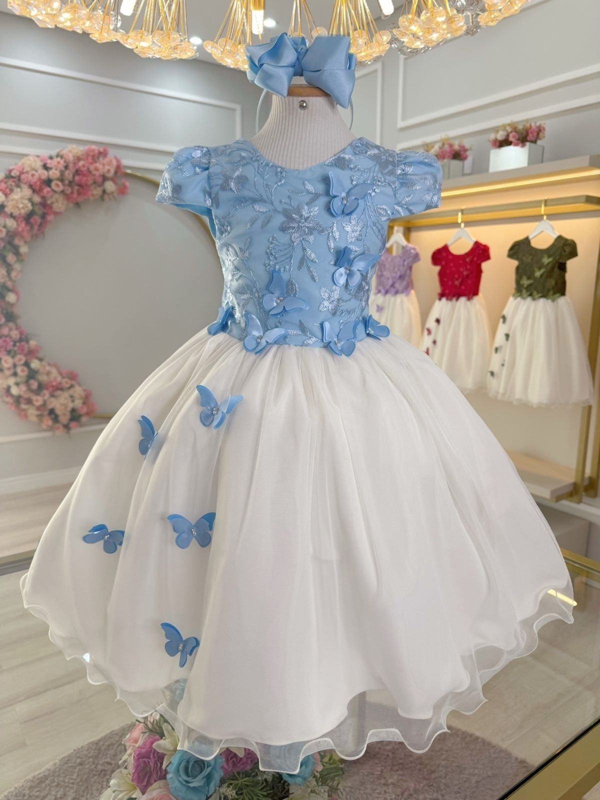 Infantil - Vestido Festa Branco e Azul Claro Serenity Borboletas Formatura Florista Casamento Renda Dama Daminha Social Menina Juvenil Pérolas Princesa Rodado Aniversário Luxo