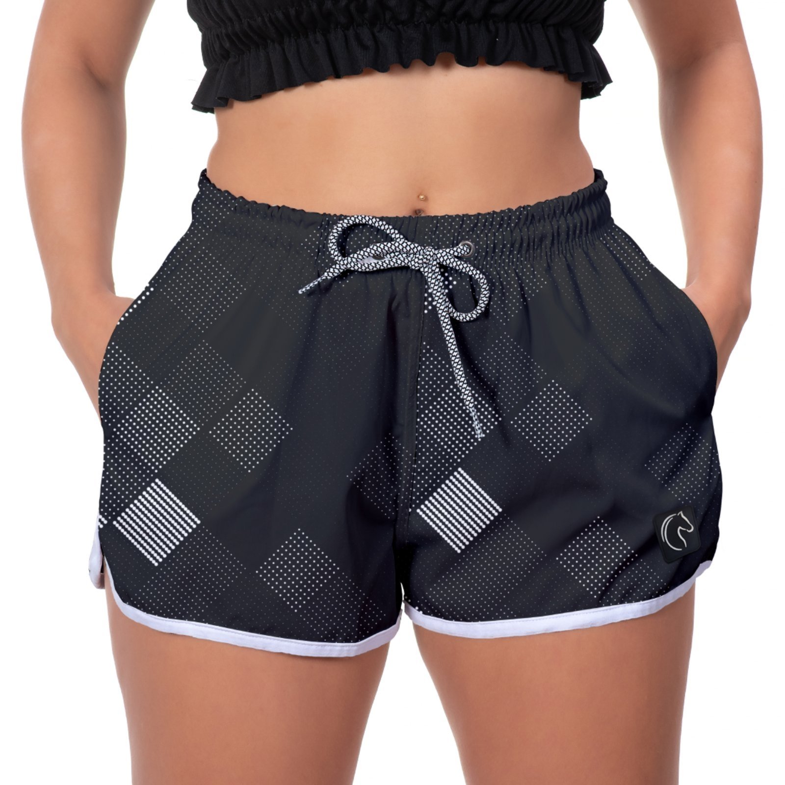Short Feminino W2 Premium com Elástico e Cordão Ajustável Bolsos Laterais e Secagem Rápida Casual Praia ou Academia Losango Preto