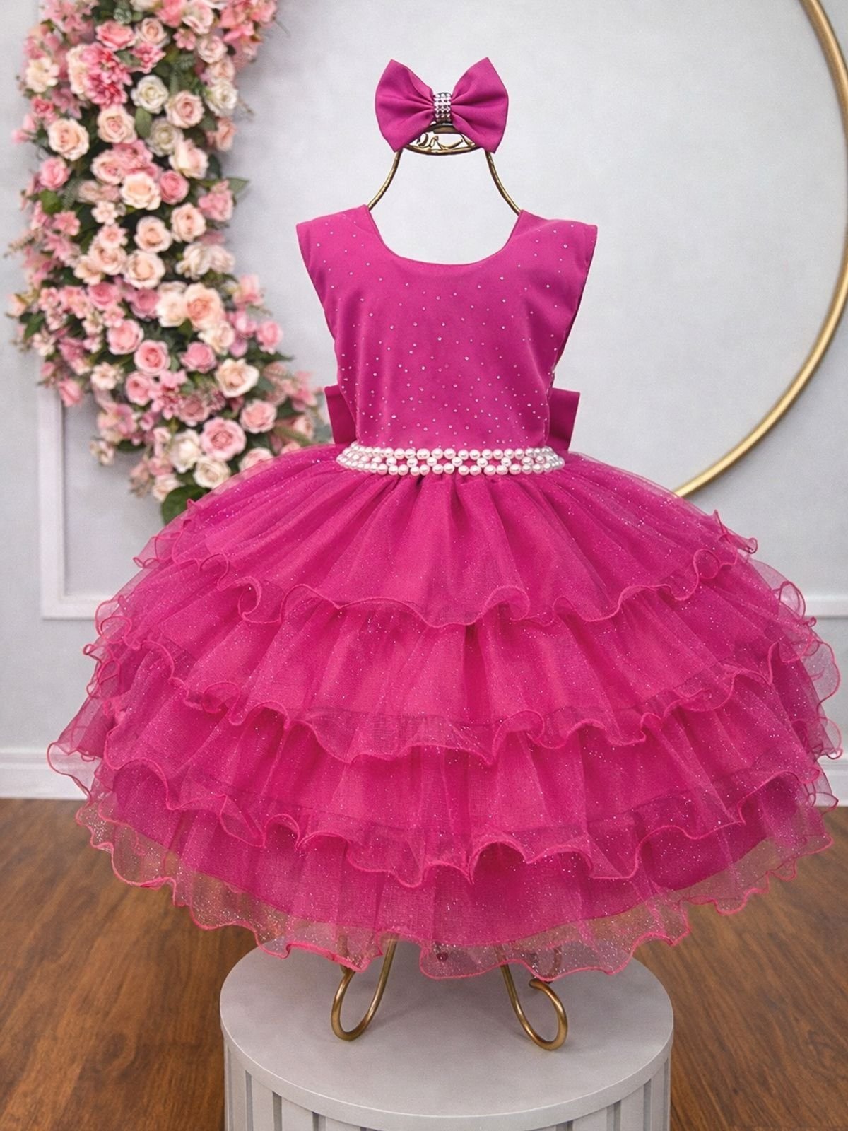 Infantil - Vestido Festa Rosa Pink Fucsia Brilho Formatura Casamento Dama Daminha Social Menina Juvenil Pérolas Juvenil Princesa Rodado Florista Aniversário Luxo