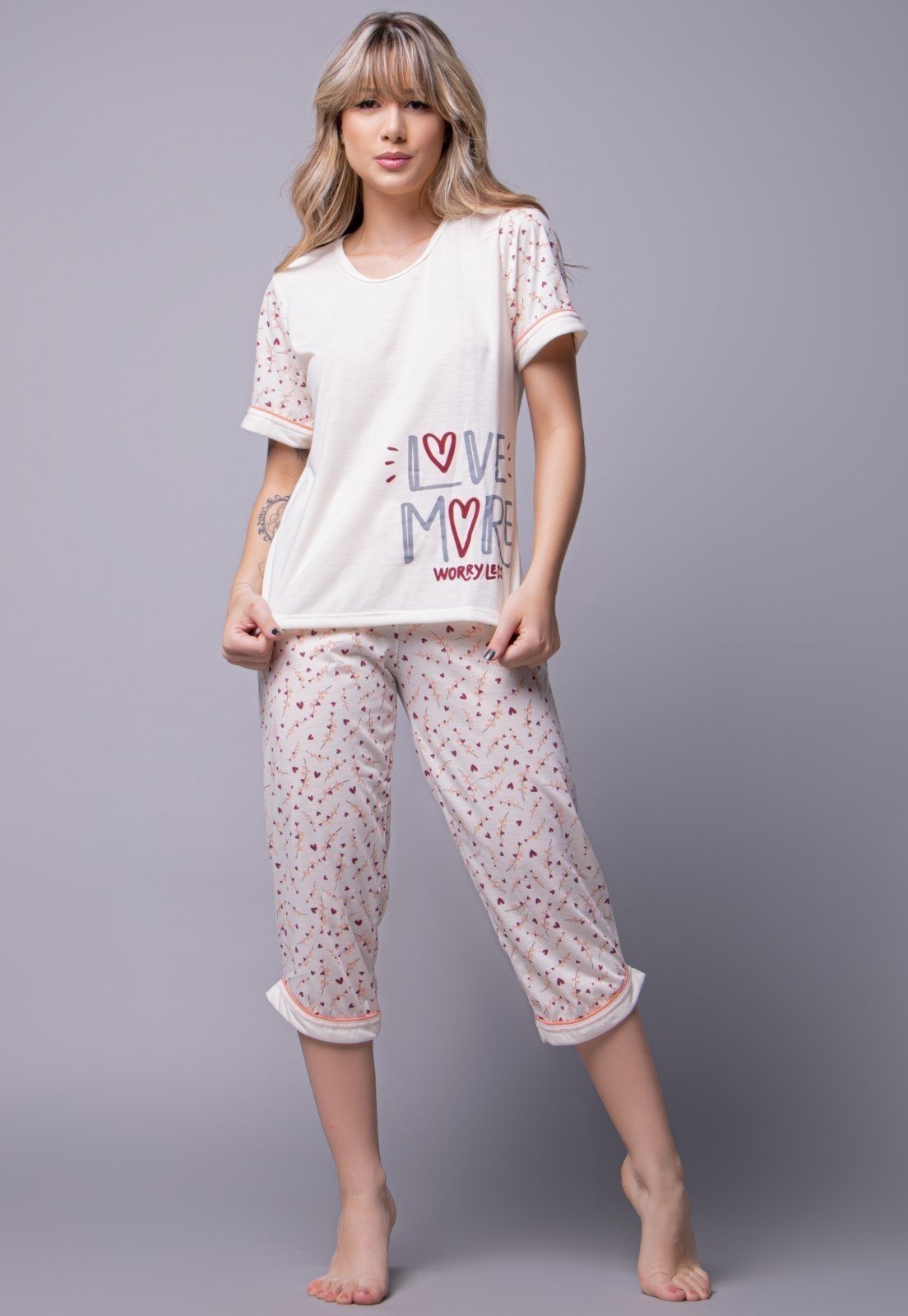 Pijama Feminino WLS Modas Bermuda e Manga Curta Pescador Bege