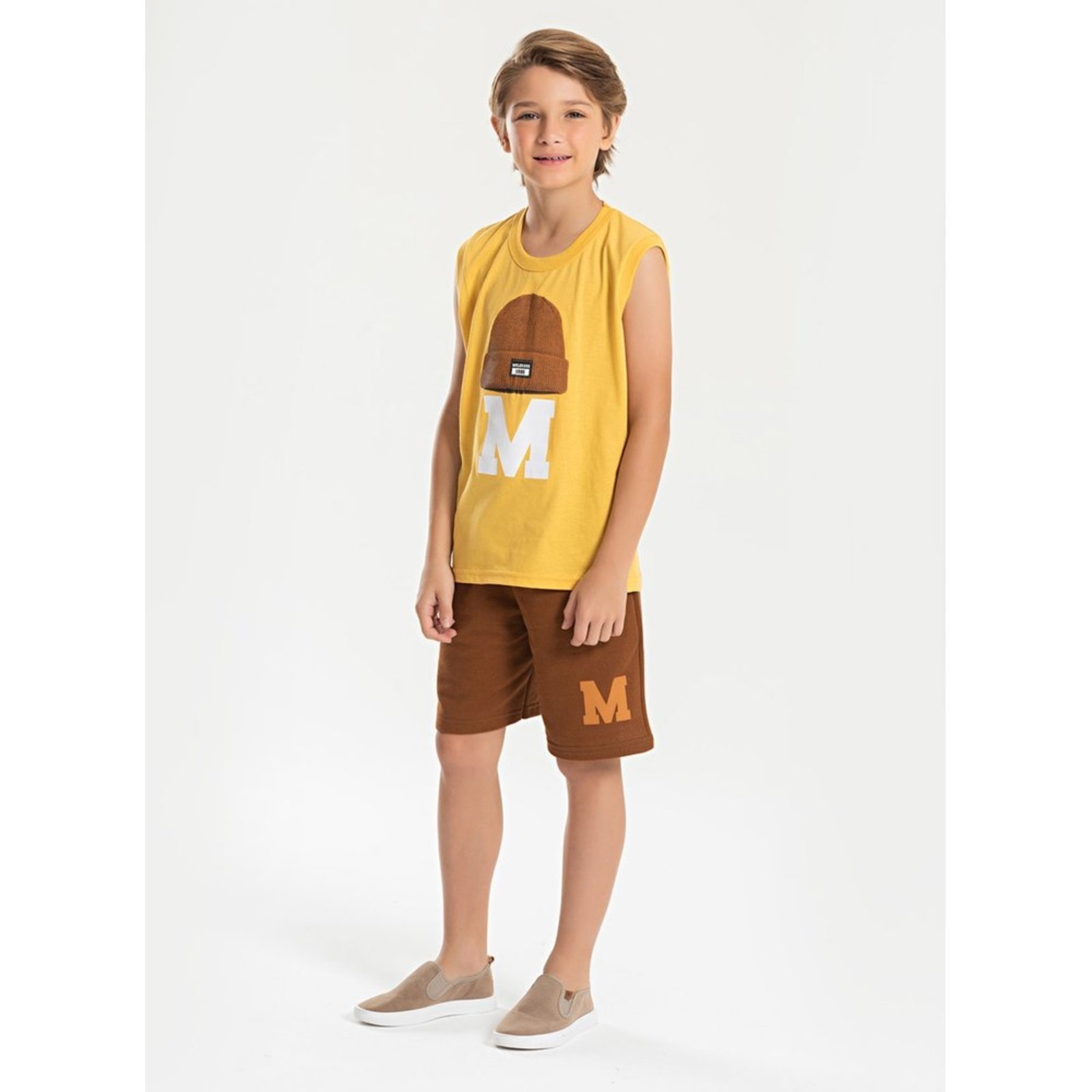 Infantil – Conjunto Verão Menino Marrom Regata e Bermuda Gorro M