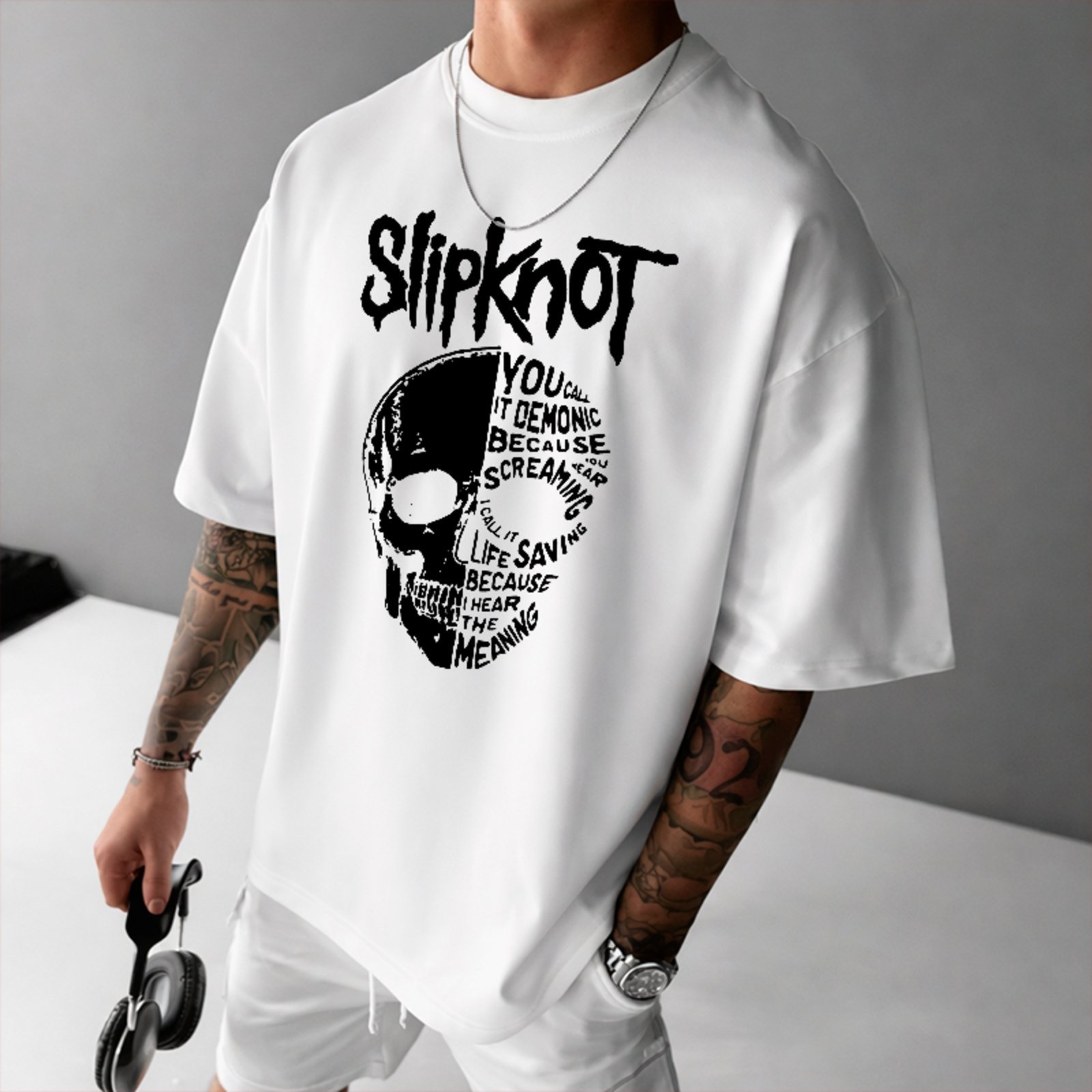 Camiseta Oversized Premium Slipknot Heavy Metal Skull Streetwear Unissex Branco