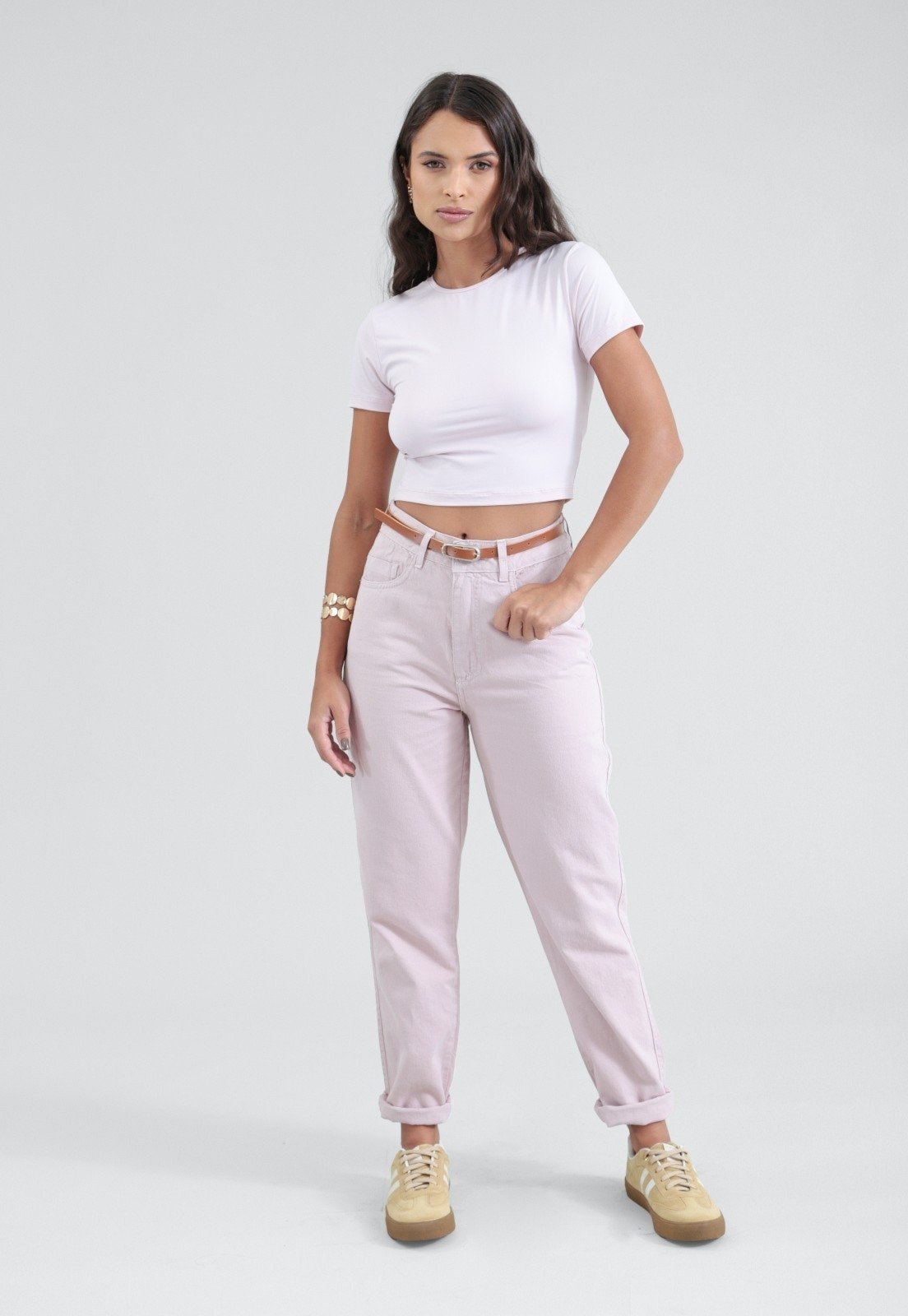 Calça Pop Me Sarja Mom Com Cinto Rosa