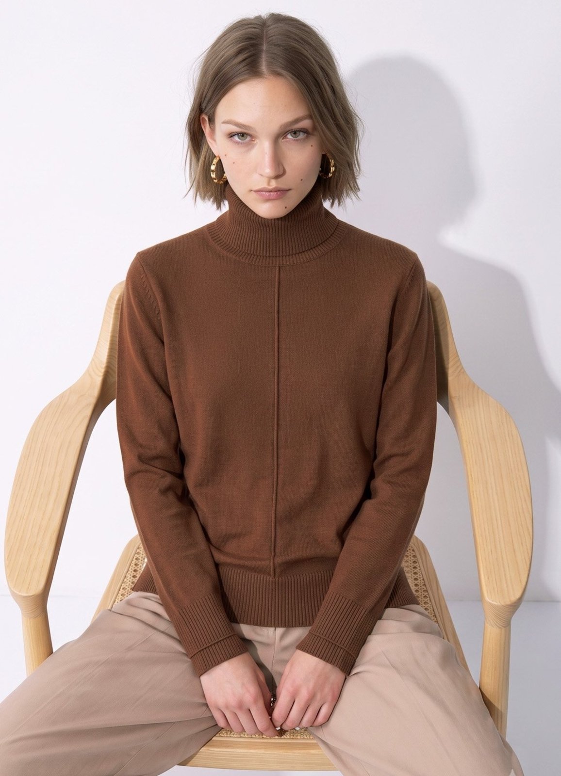 Blusa de Tricot Gola Alta Rolê Marrom Solta em Viscose Modal Sob