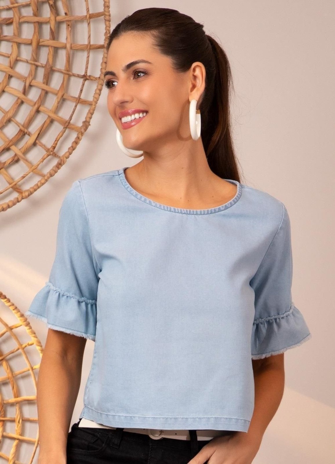 Blusa Jeans Leve Jeans Claro Colorido Quintess