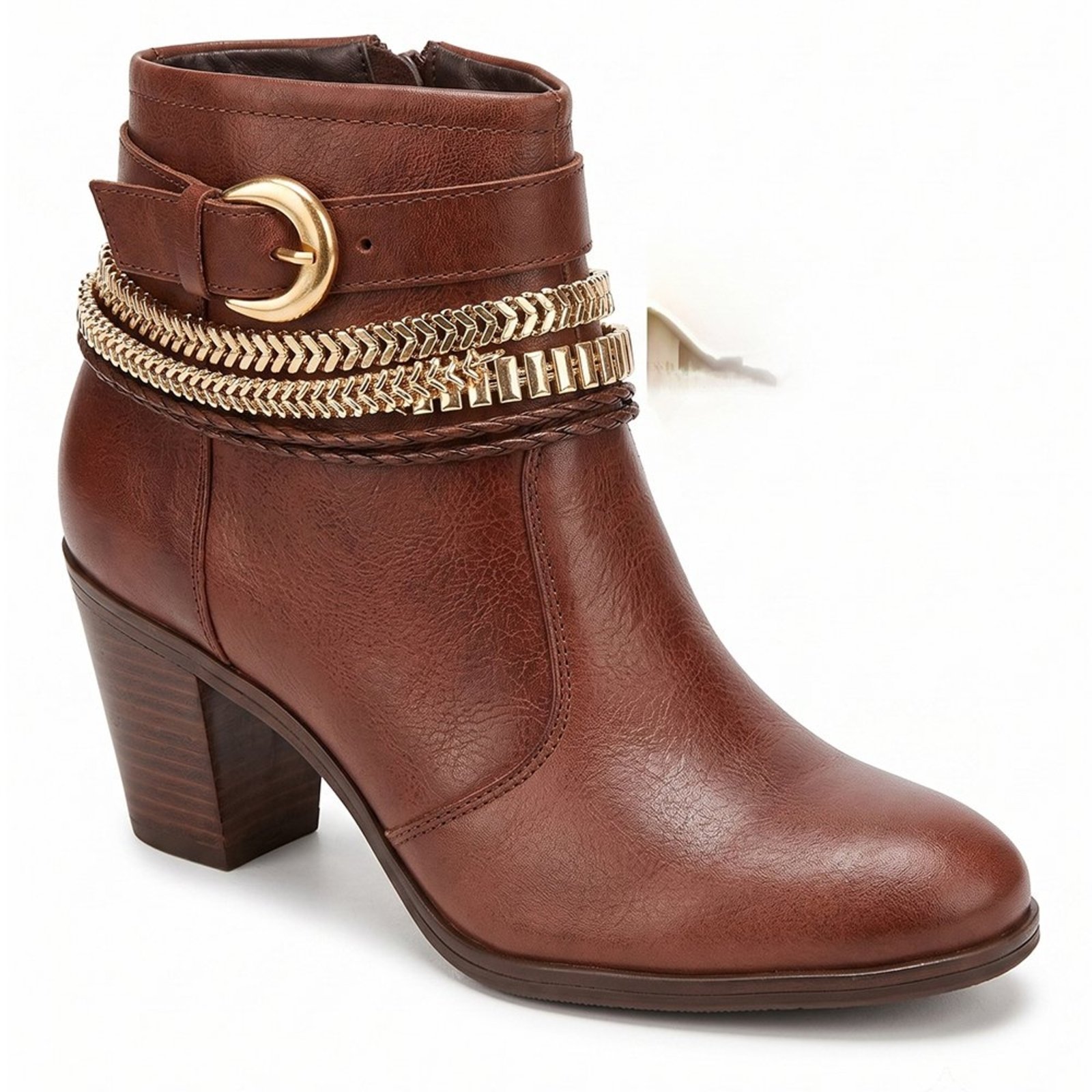 Bota Feminina Cano Curto em Couro Whisky com Corrente Dourada e Fivela 2360WD