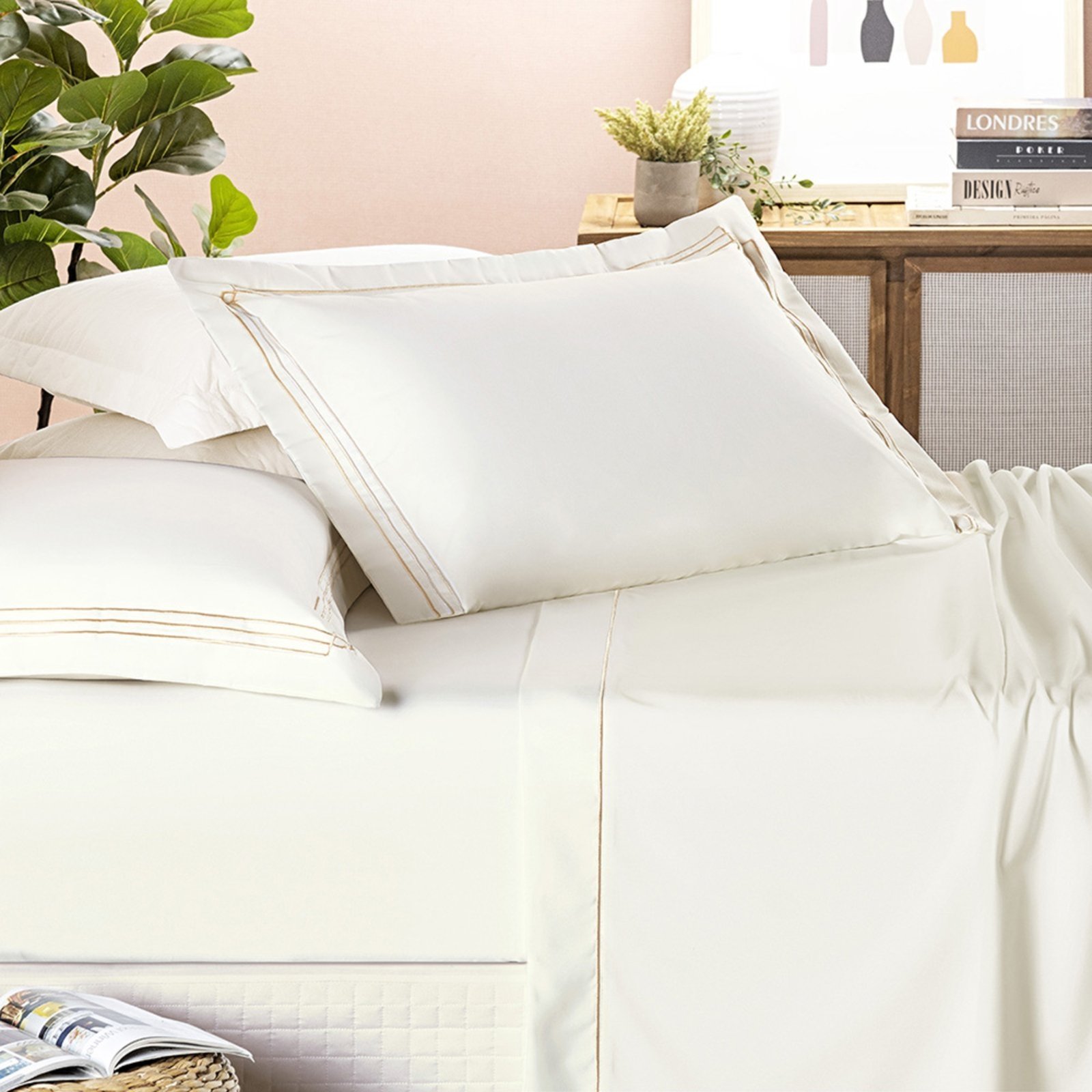 Jogo Cama Lençol Trivio Casa Scarpa Queen 400 Fios Bordado Fronhas Aba Americana 4 Peças Palha