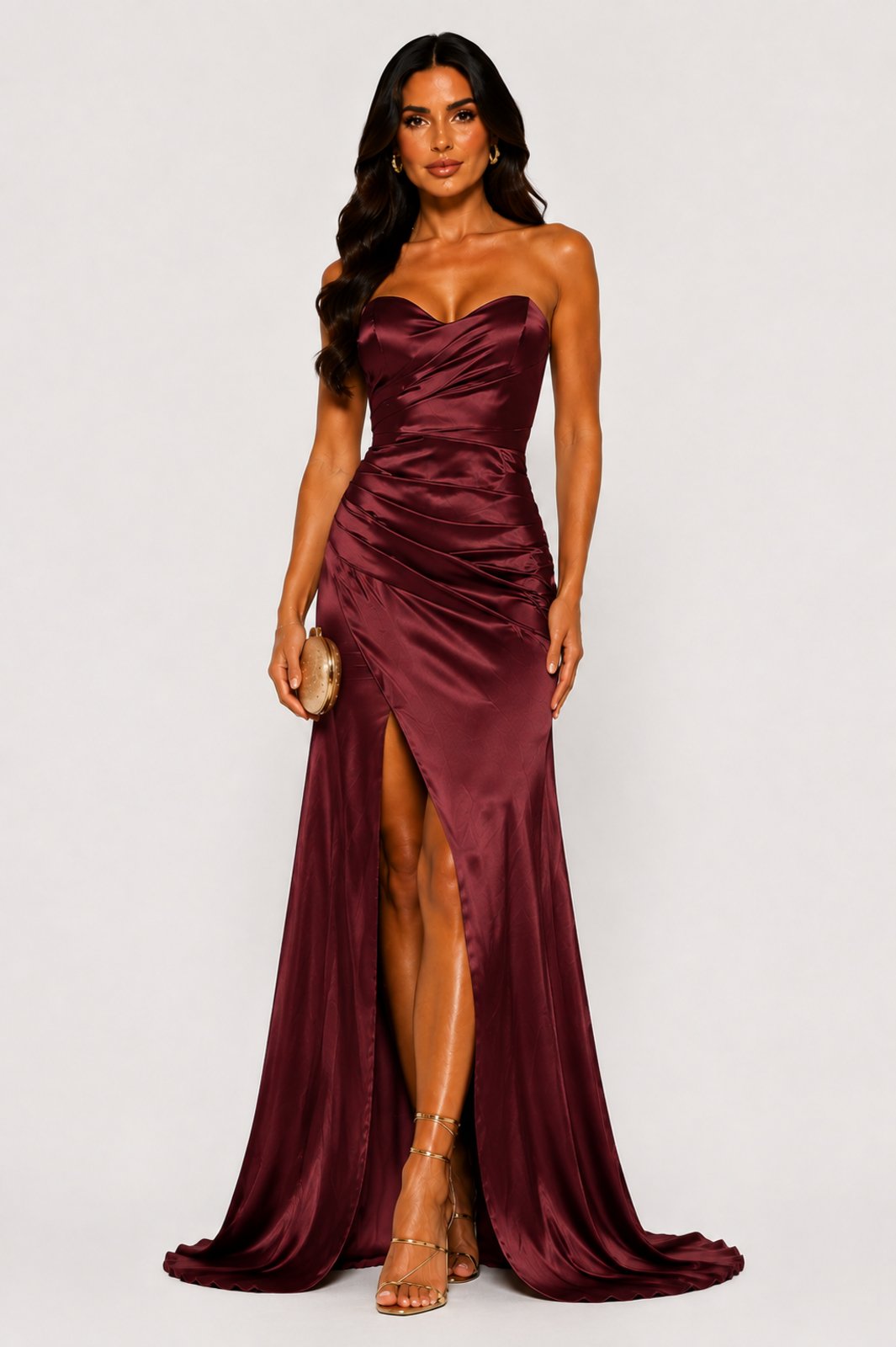Vestido Longo D Bell Outlet Fashion Cetim Decote Coração Marsala