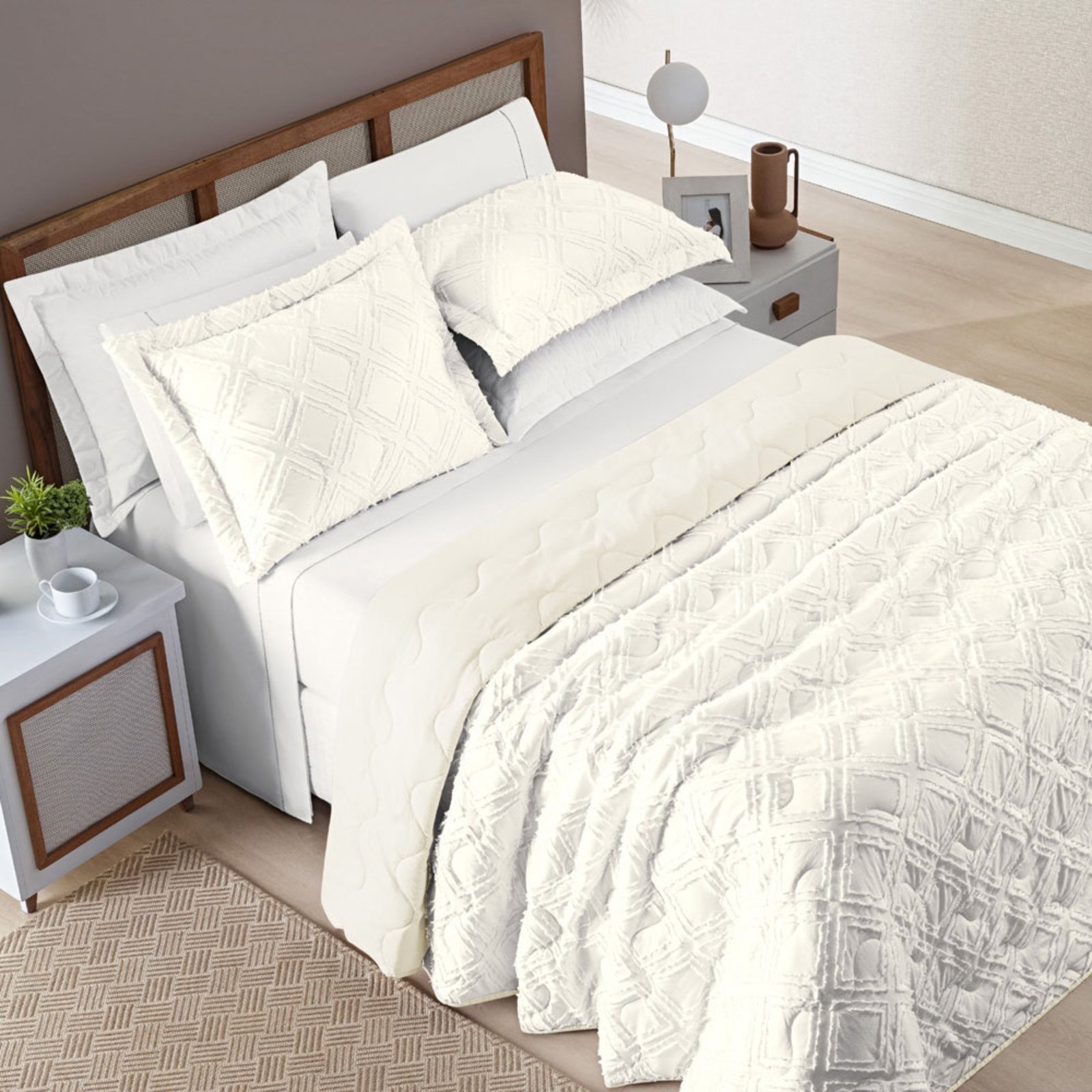 Kit Cobre Leito Colcha Casa Scarpa Adele King Dupla Face Micropercal 300 Fios 3 Peças - Branco Off White