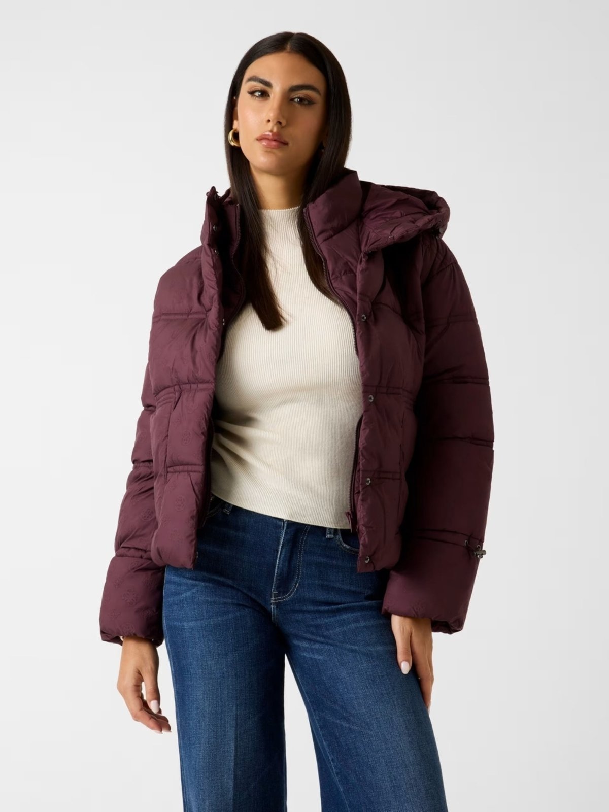 Jaqueta Guess Puffer Capuz Eco Vinho