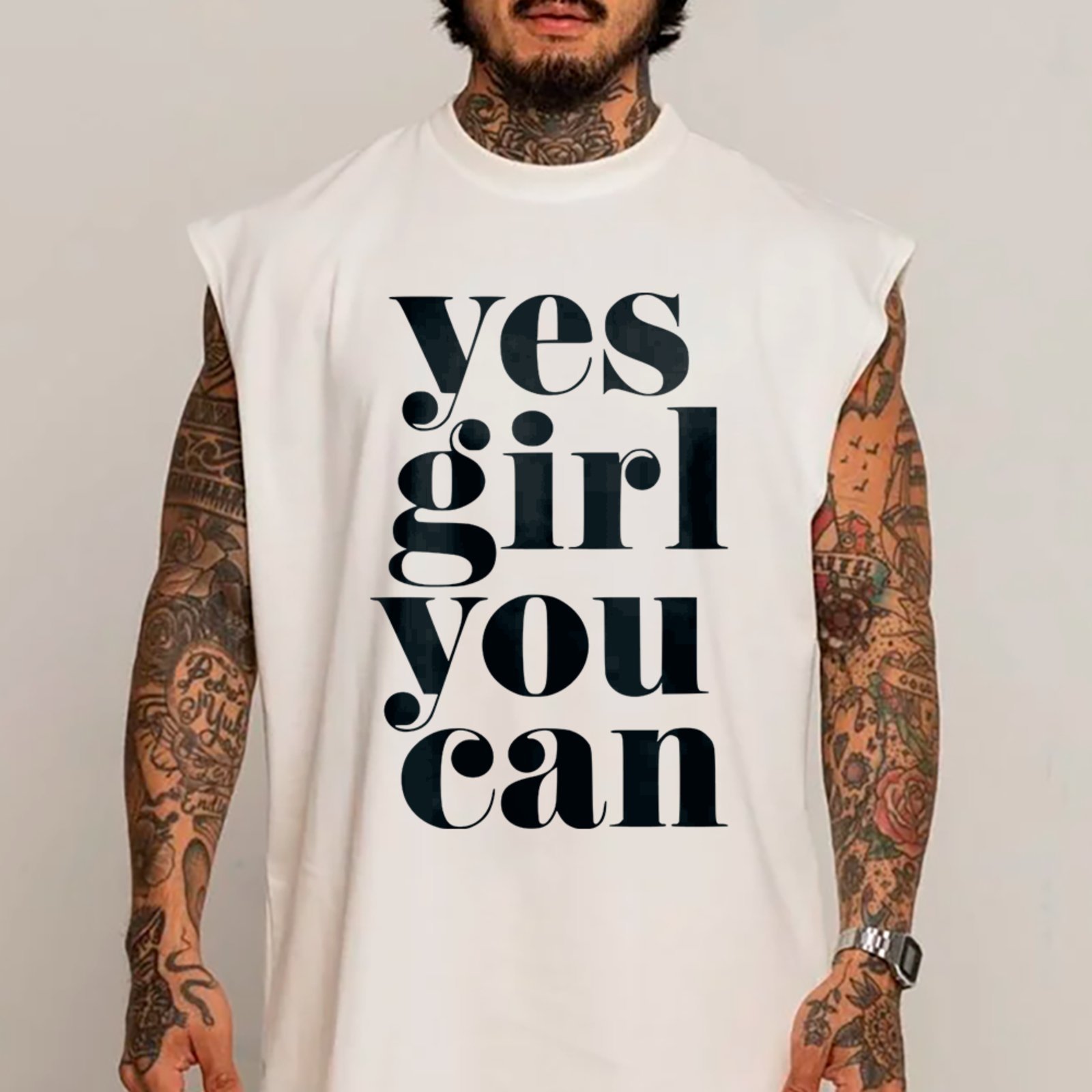 Camiseta Regata Machão Motivacional Yes Girl You Can Frase Empoderamento Branco