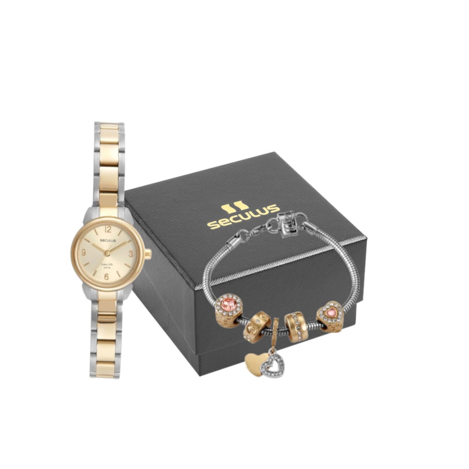 Kit Relógio Feminino Clássico Bicolor Com Pulseira Berloques Seculus