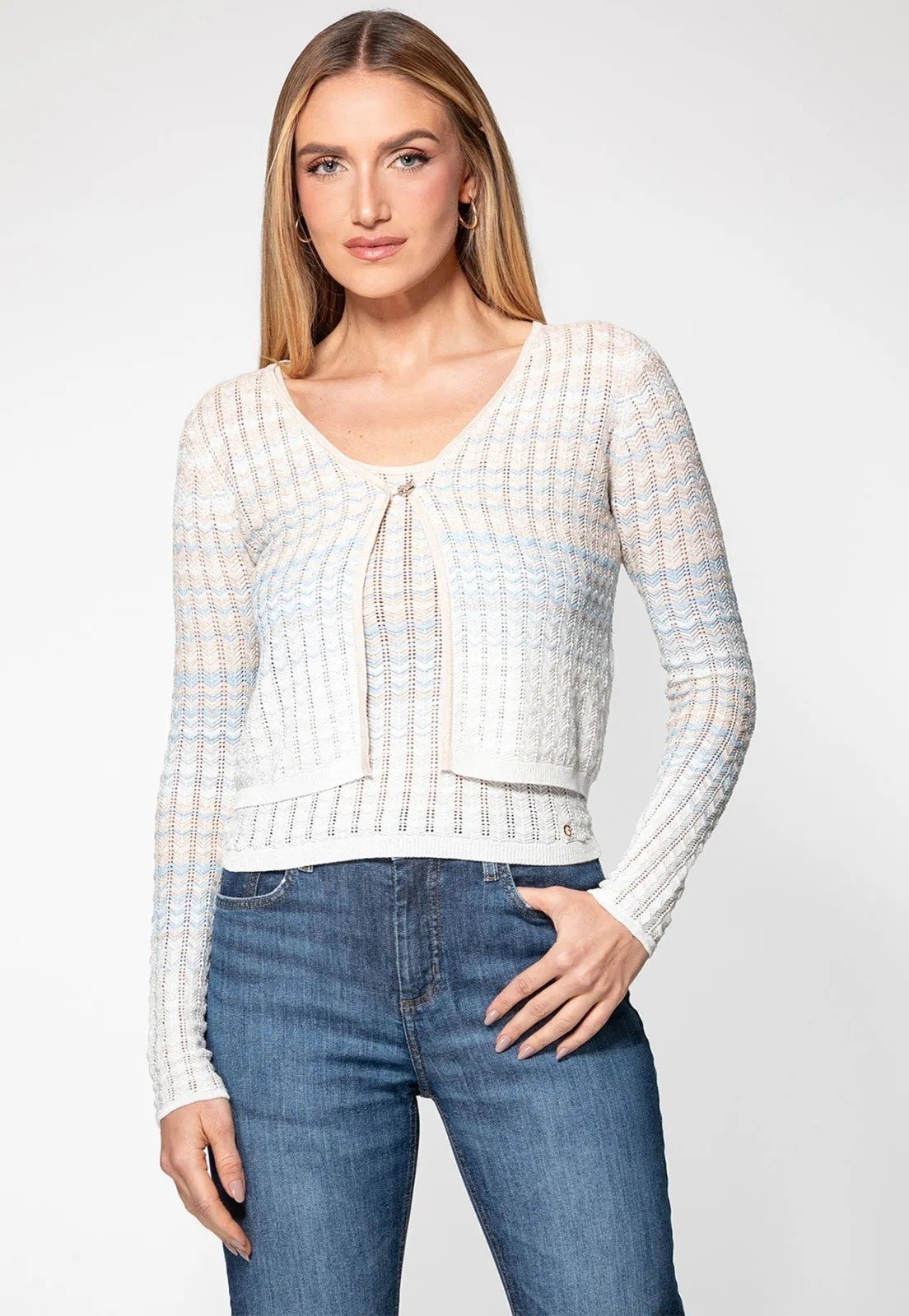 Cardigan Guess Tricot Ponto Trabalhado Eco Bege