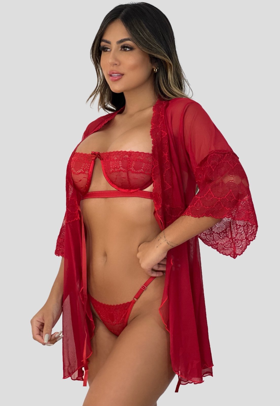 Kit Robe De Tule + Conjunto Lingerie Gringa Meia Taça Sexy Vermelho