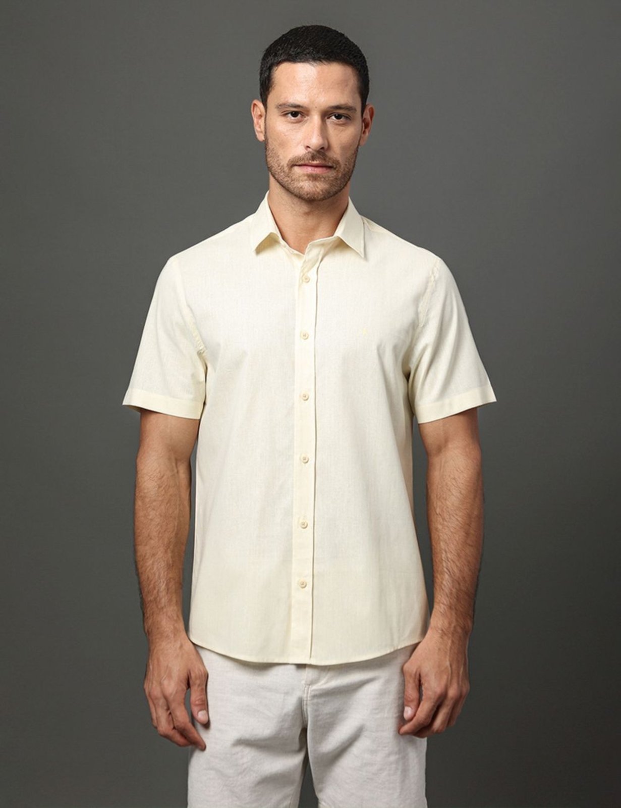 Vista 2 Camisa Masculina Linen Cotton Calvin Klein Jeans Manteiga amarelo Calvin Klein Jeans amarelo