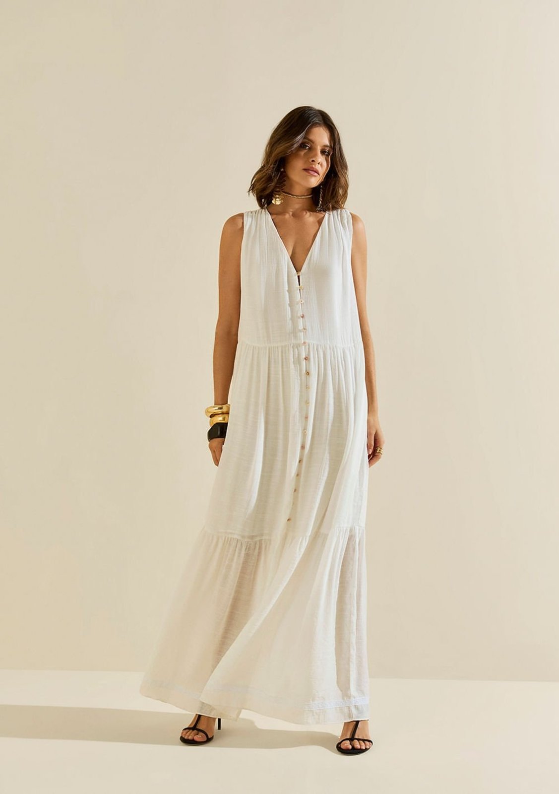 Vestido Morena Rosa Solto Decote V Sem Manga Longo Off-white