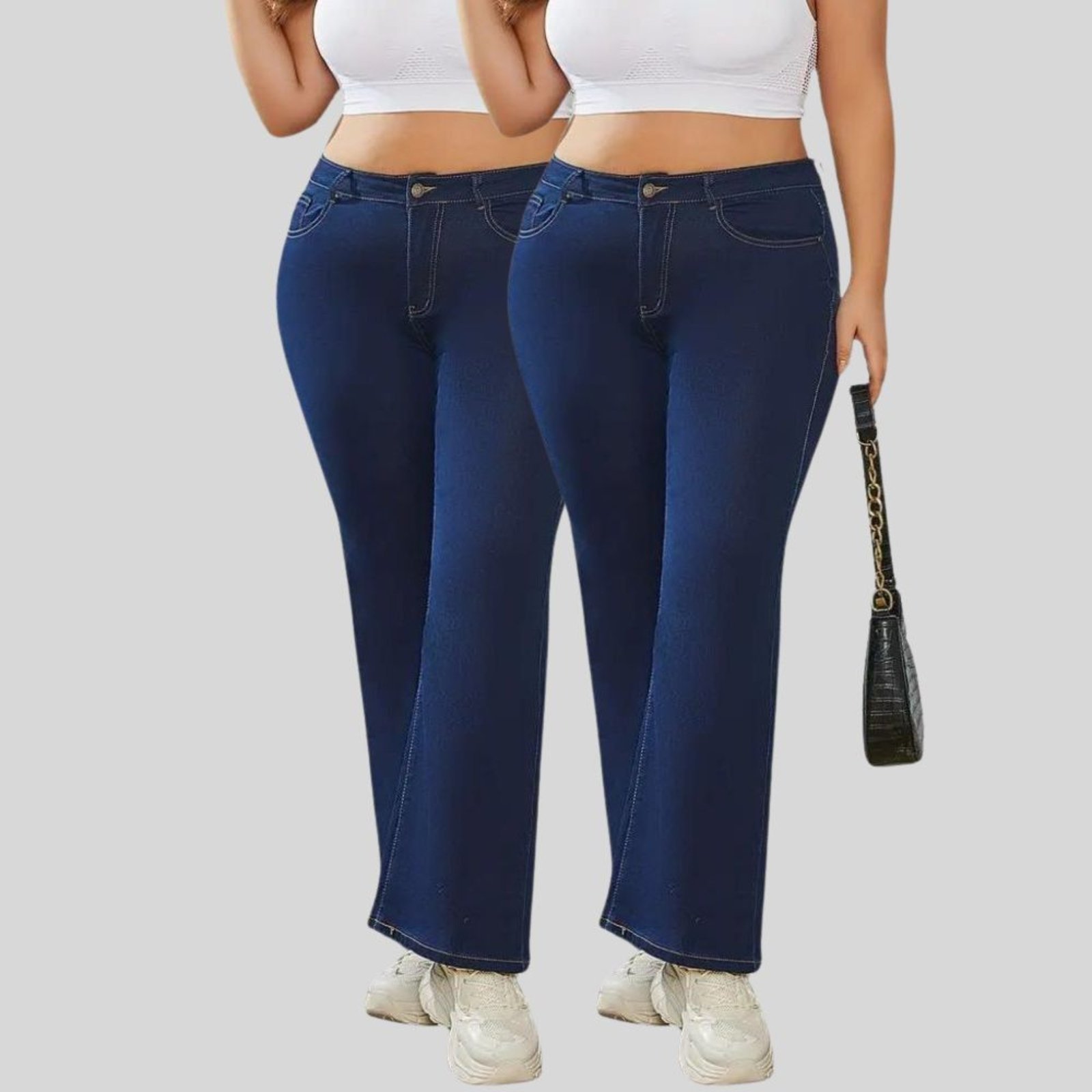 Kit 2 Calça Flare Plus Size Jeans Feminina Tex Jeans Boca de Sino Cintura Alta Modeladora com Elastano Azul Escuro