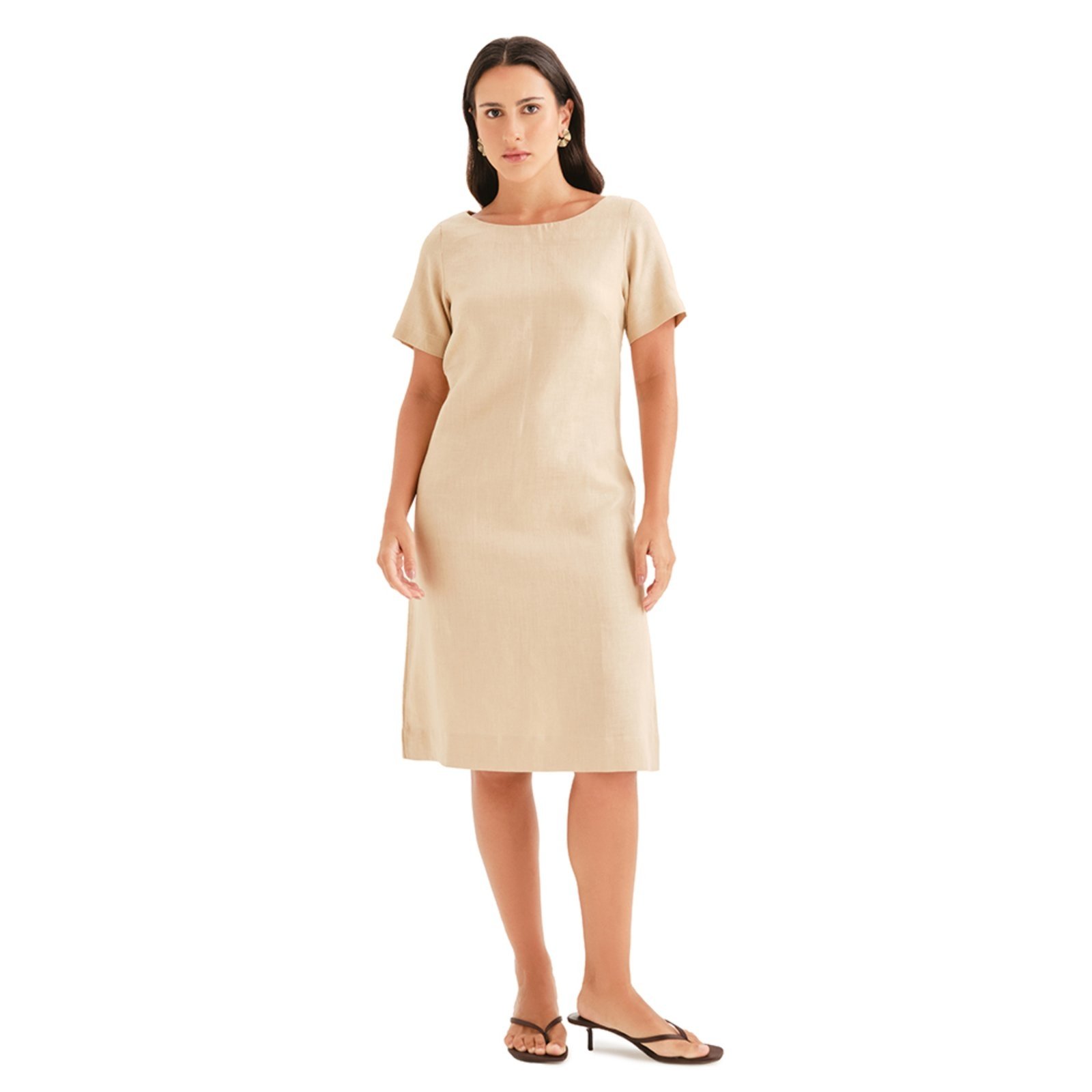 Vestido Manga Curta Feminino Bege Mara Caboo