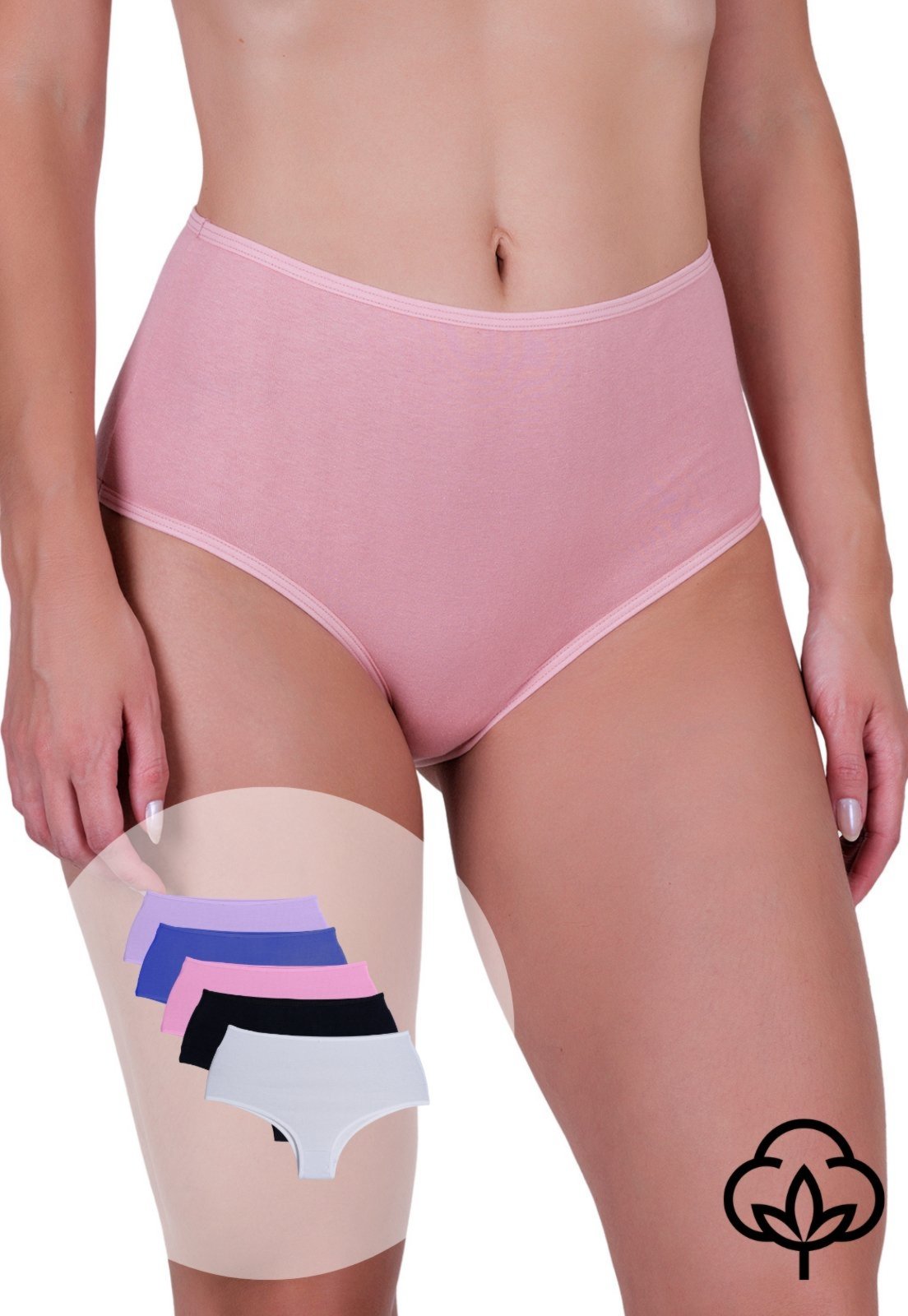 Kit 5 Calcinhas Femininas Algodão Aveludado Cós Alto Elegância Hot Pant Concept Lingerie
