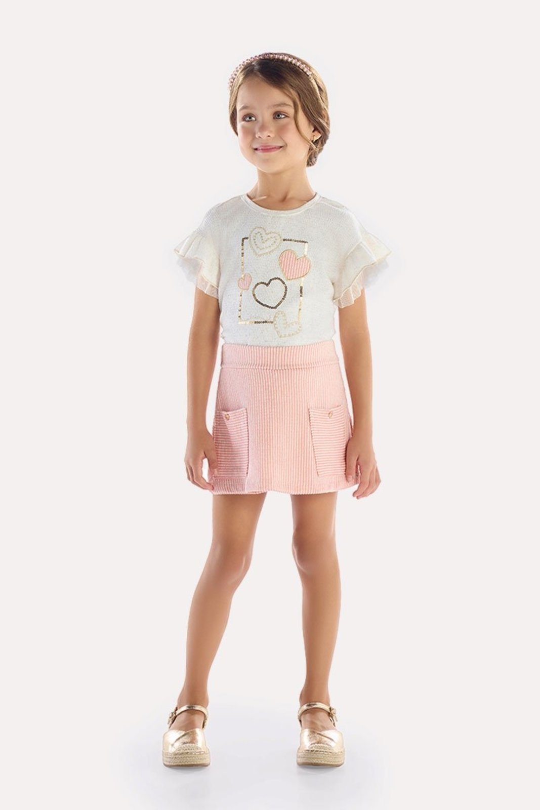 Infantil - Conjunto Blusa Off Texturizada com Bordado e Short-Saia