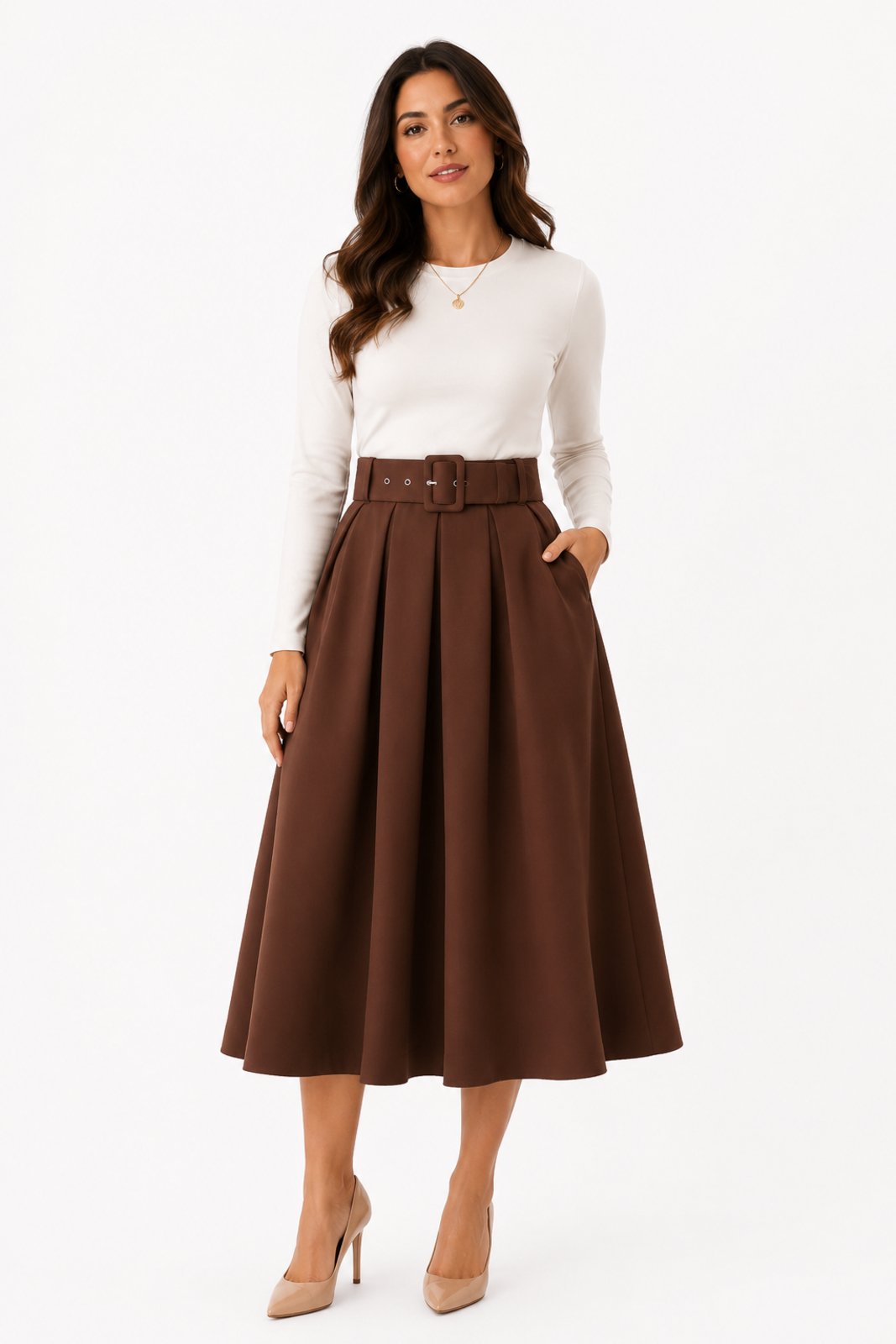 Saia Midi Evasê D Bell Outlet Fashion Cinto Encapado Marrom