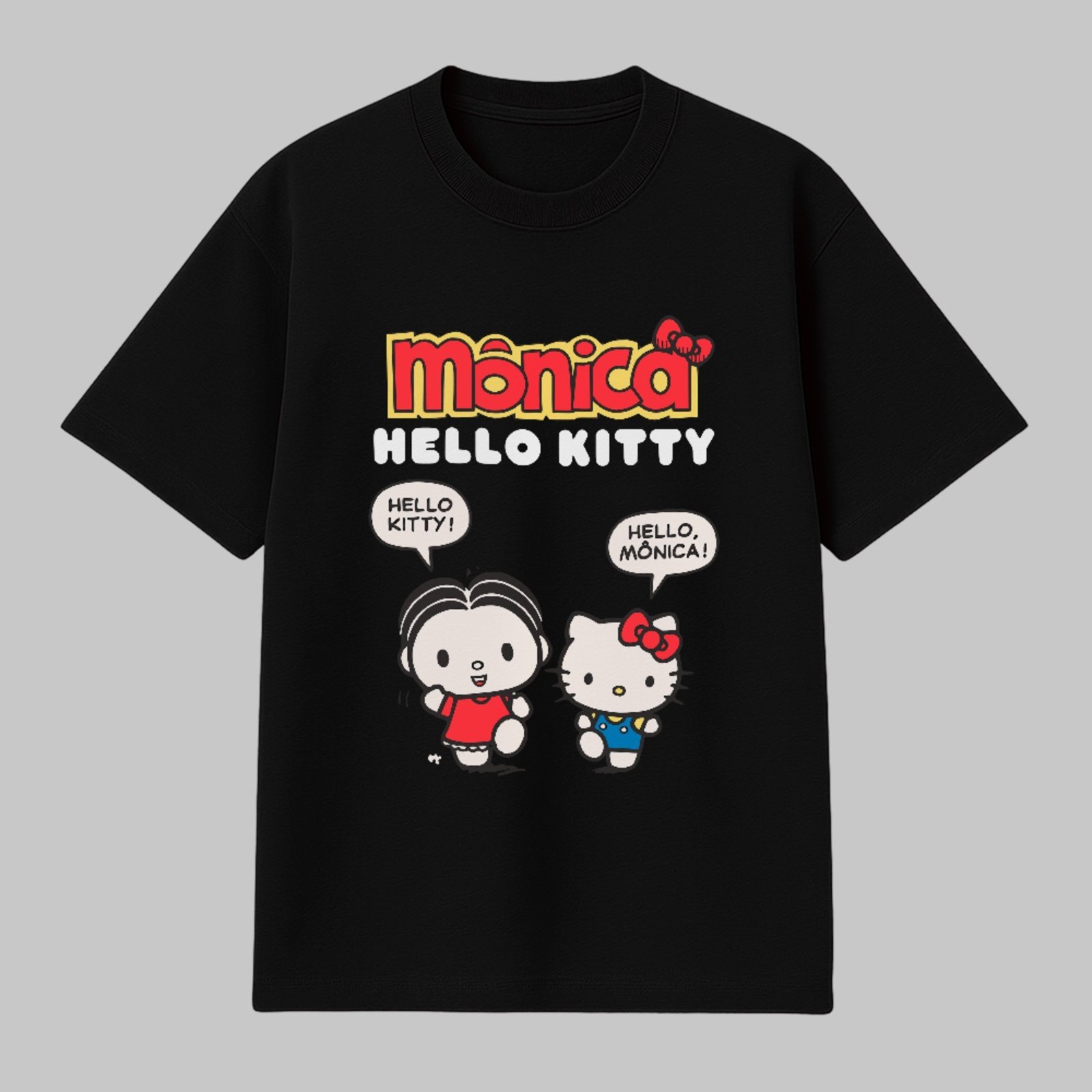 Camiseta Básica Ilustração Clássica Fofa Mônica Hello Kitty Unissex Preto