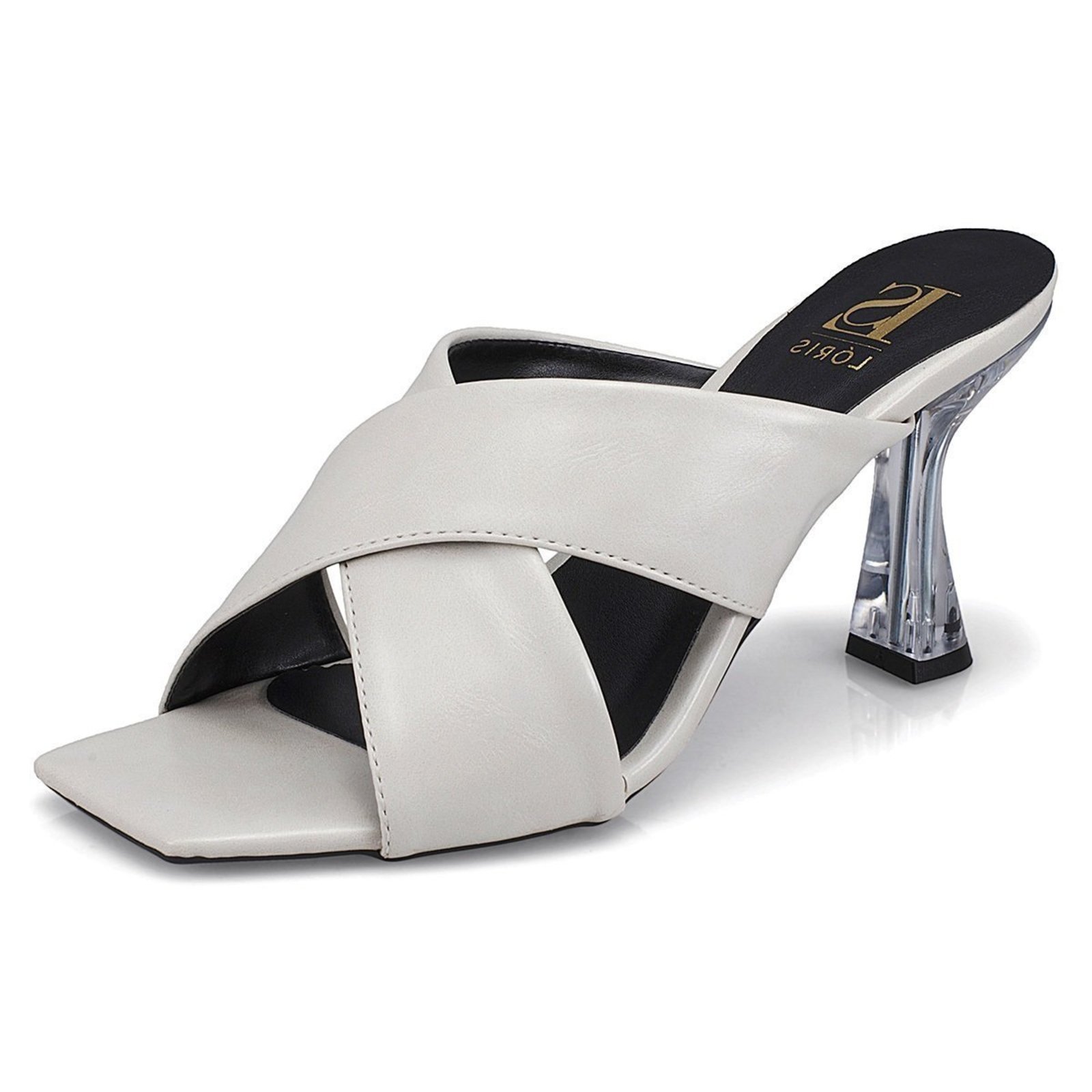 Tamanco Feminino Salto Taça Acrílico Bico Quadrado Com Tiras Cruzadas 920 Off White