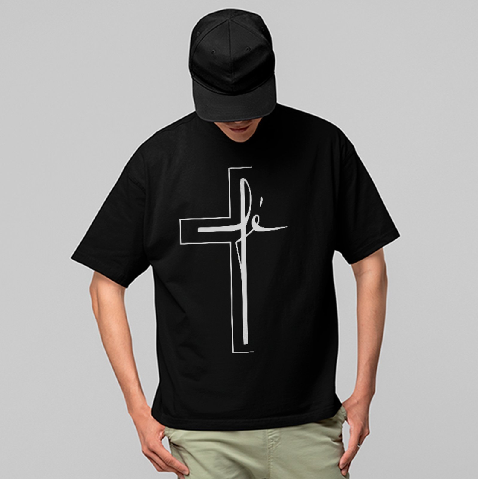 Camiseta Oversized Fé Cruz Estampa Cristã Estilo Casual Preto