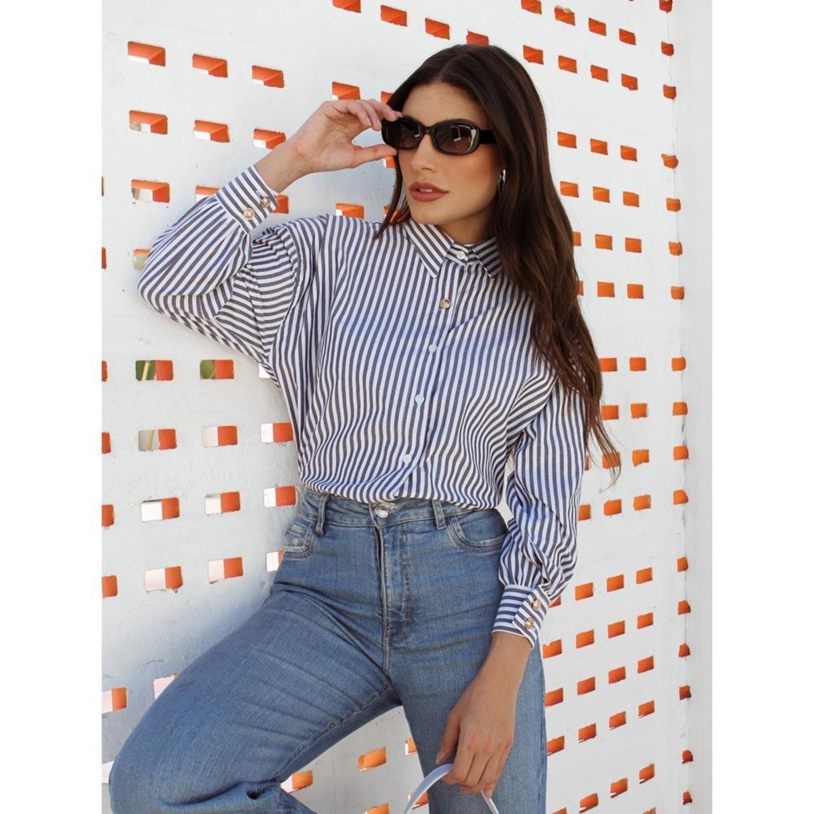 Vista 3 Camisa Feminina Listrada Clássica Manga Longa Alfaiataria TEODORO CAMISARIA azul marinho TEODORO CAMISARIA azul marinho