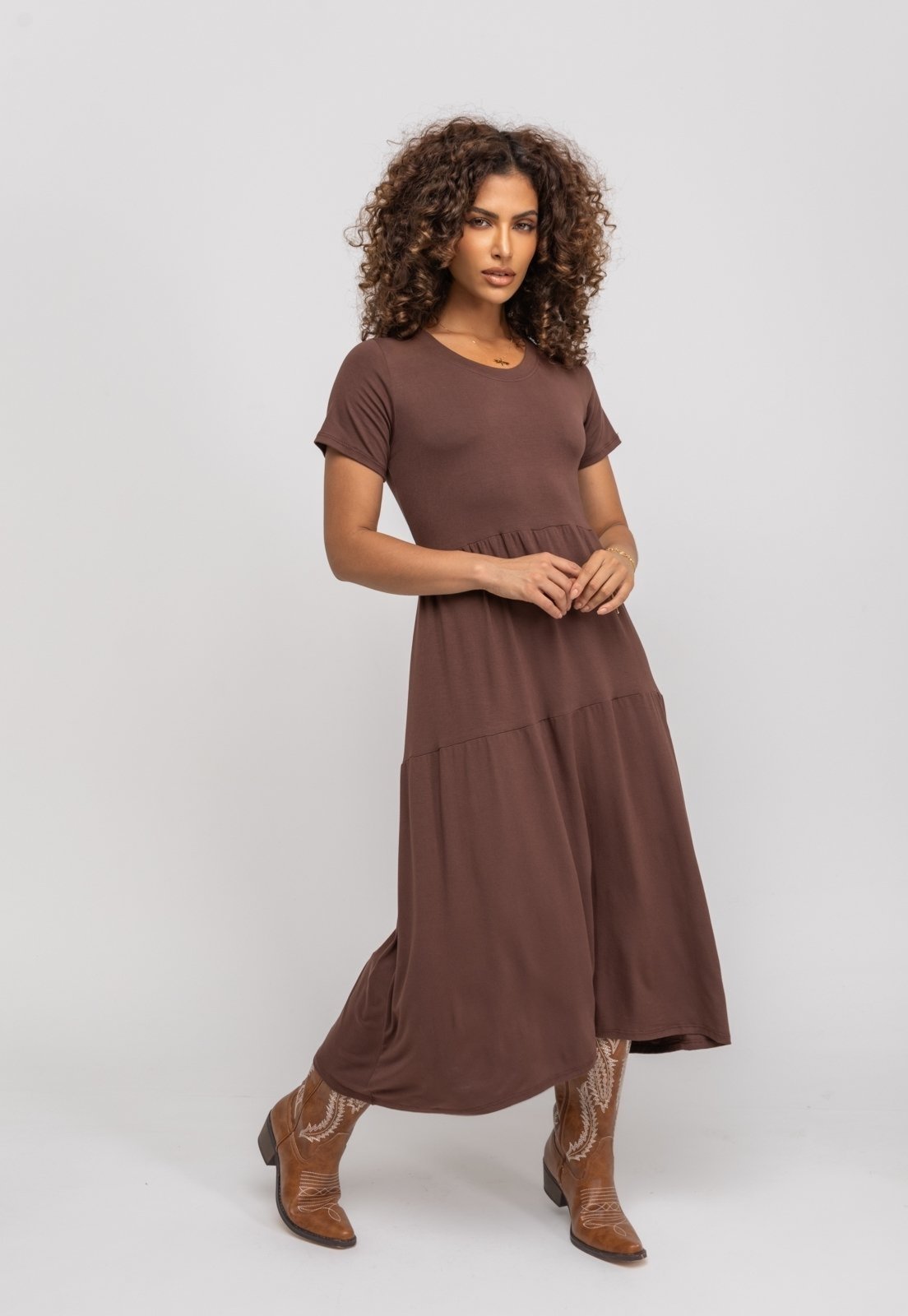 Vestido Midi Manga Curta Com Babado Salvatore Marrom