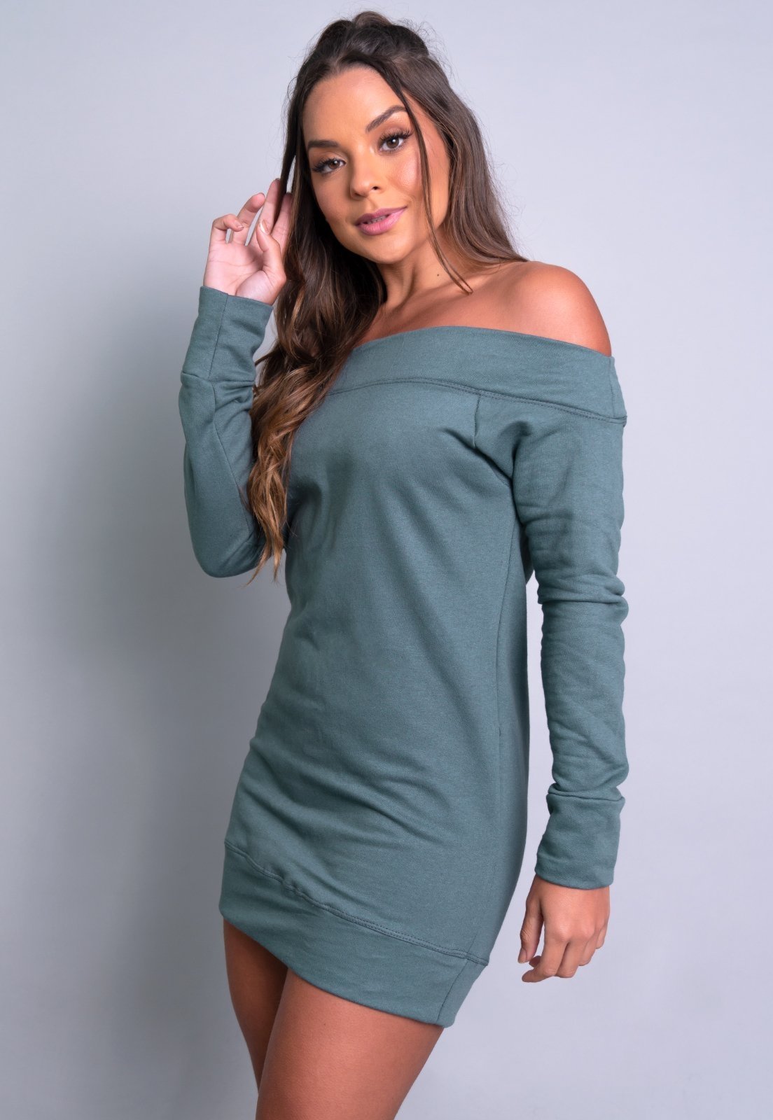 Vestido MVB Modas Manga Longa Moletom Flanelado Ombro a Ombro Cinza